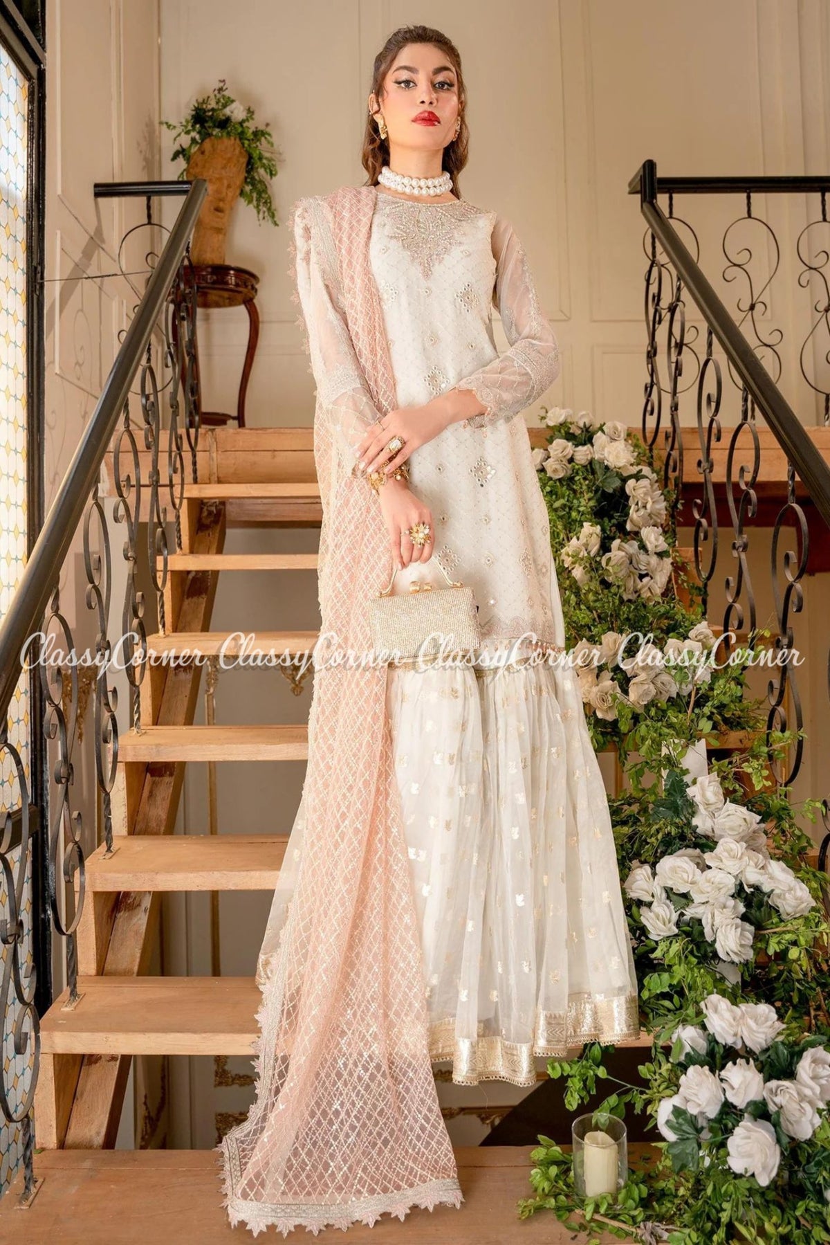 White Chiffon Bridal Wear Readymade Gharara