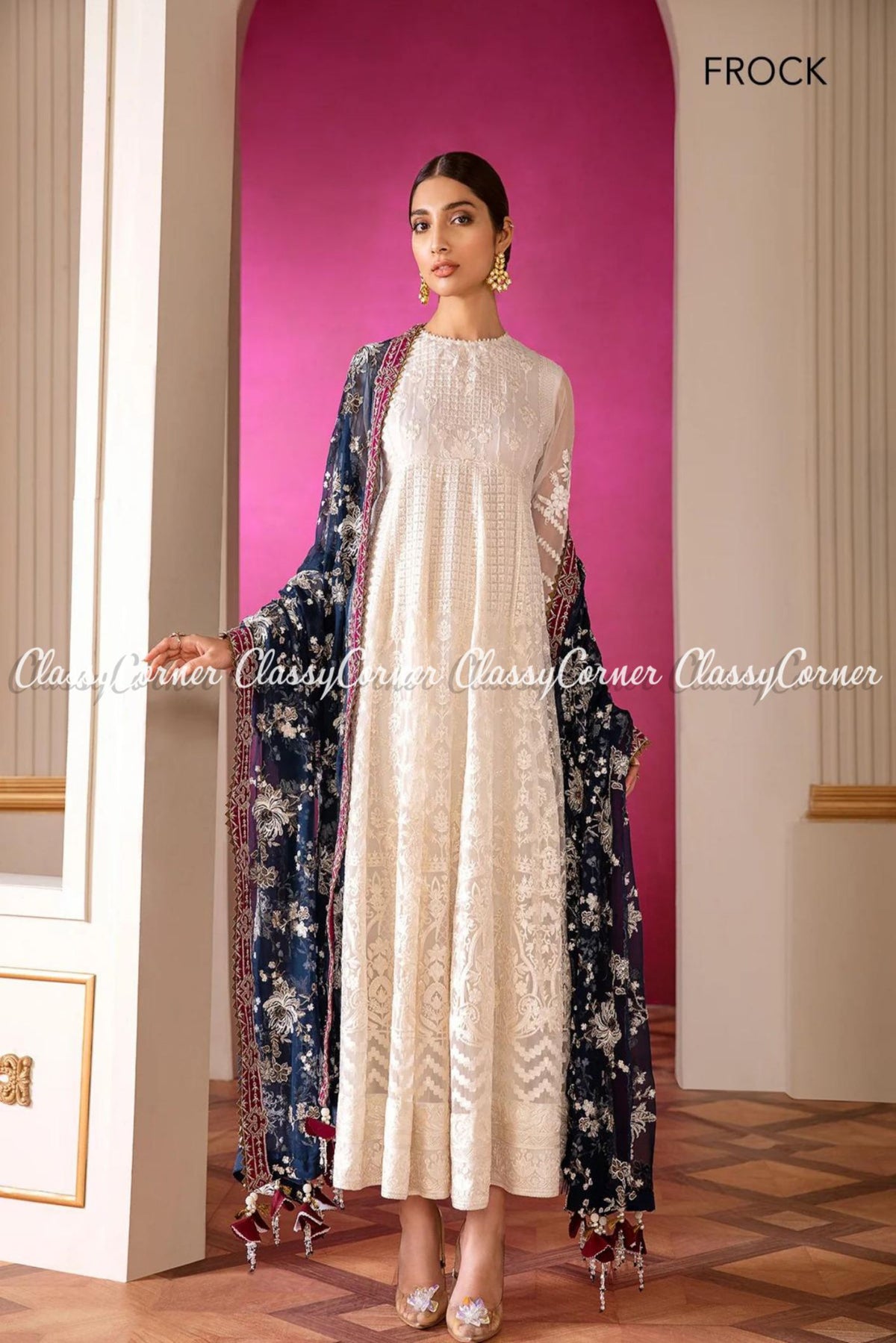 White Blue Chiffon Embroidered Pakistani Salwar Kameez Outfits - Classy Corner