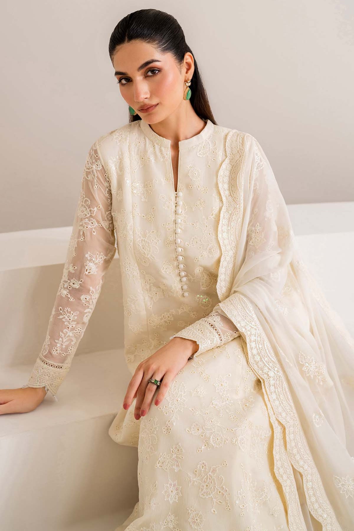 Cream White Chiffon Pakistani Suit