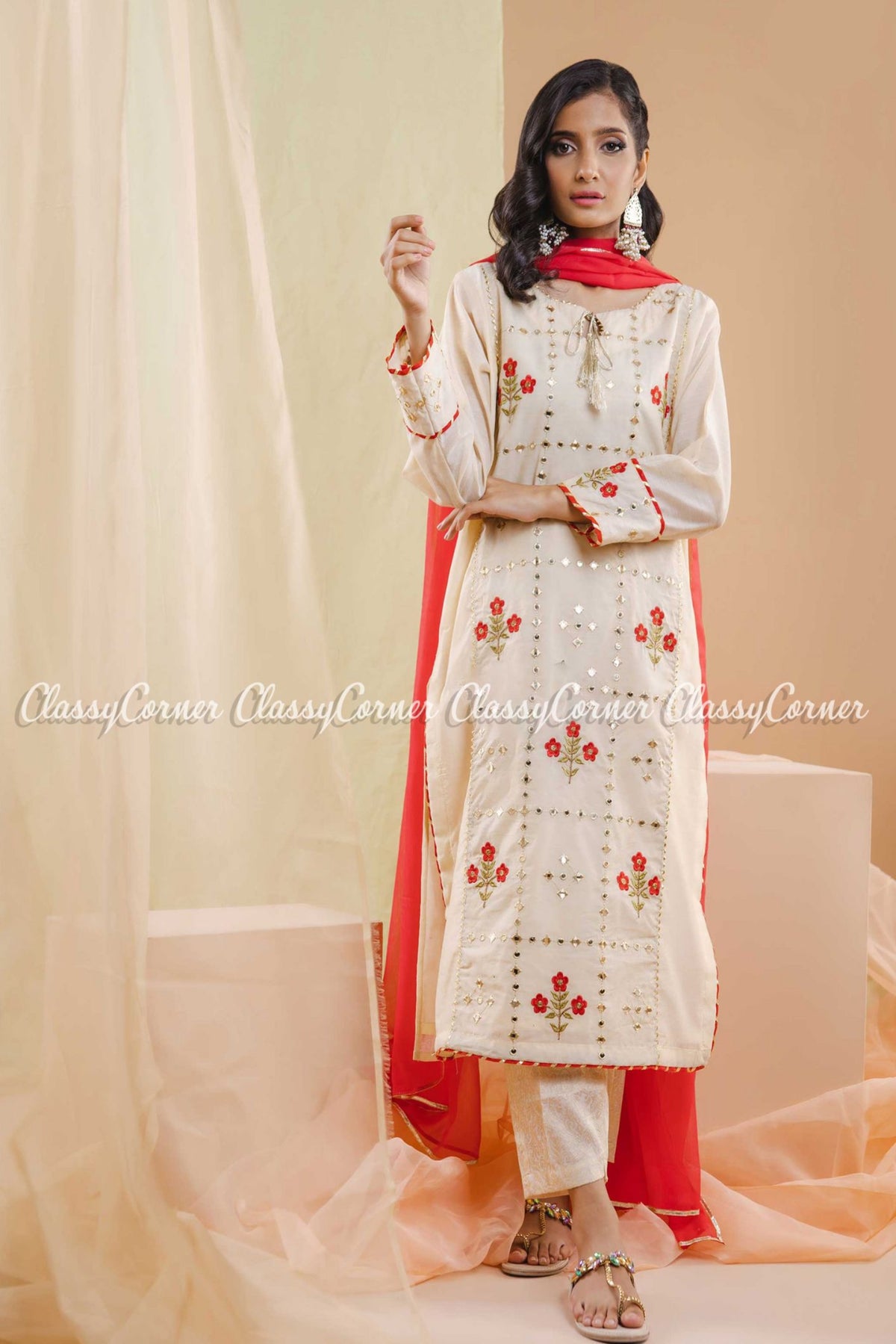 White Red Zari Embroidered Salwar Kameez