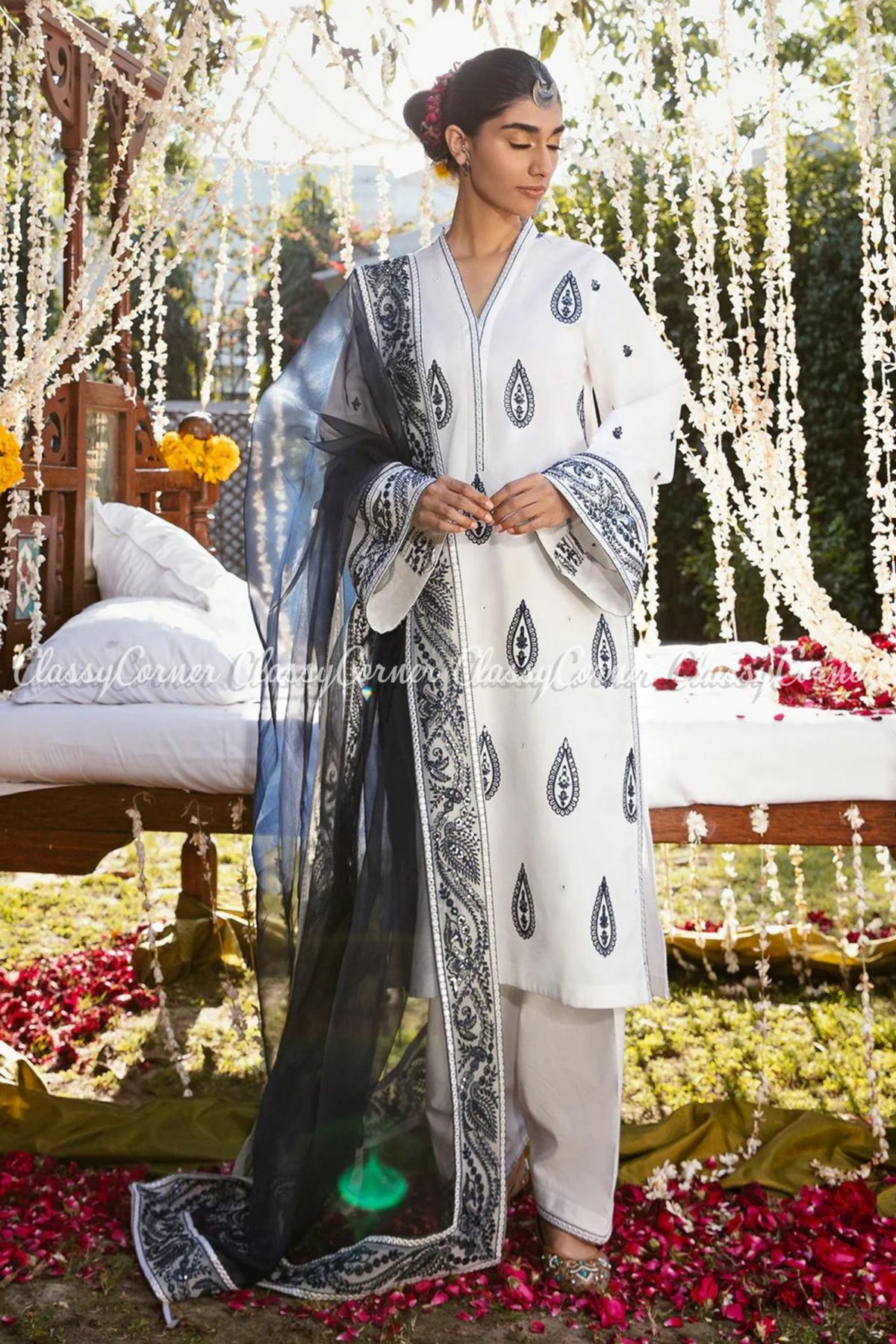 White Dark Blue Lawn Embroidered Salwar Kameez