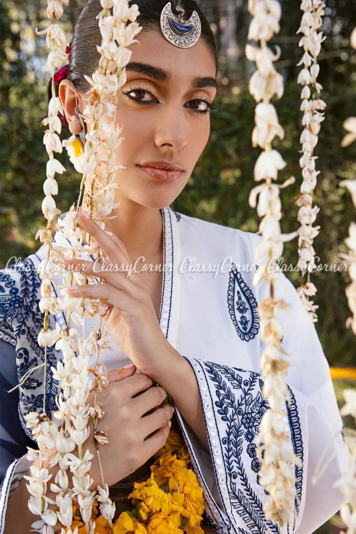 White Dark Blue Lawn Embroidered Salwar Kameez