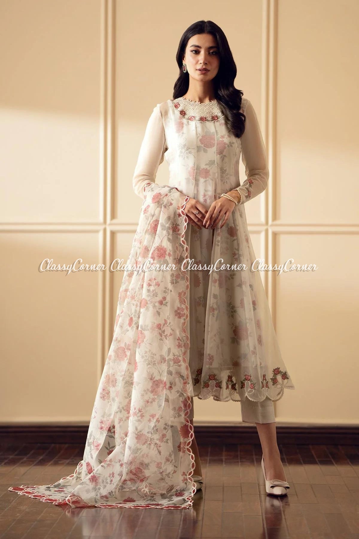 White Floral Chiffon Embroidered Frock Outfit