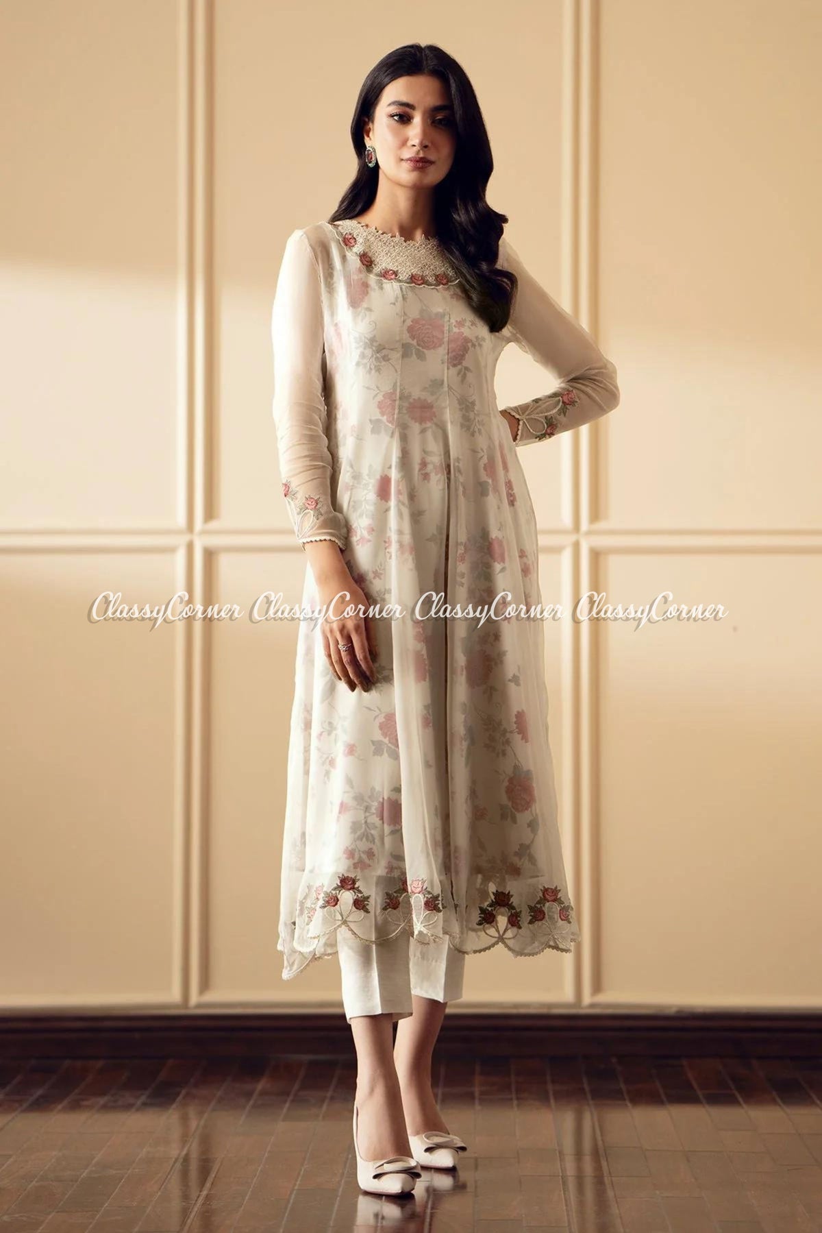 White Floral Chiffon Embroidered Frock Outfit