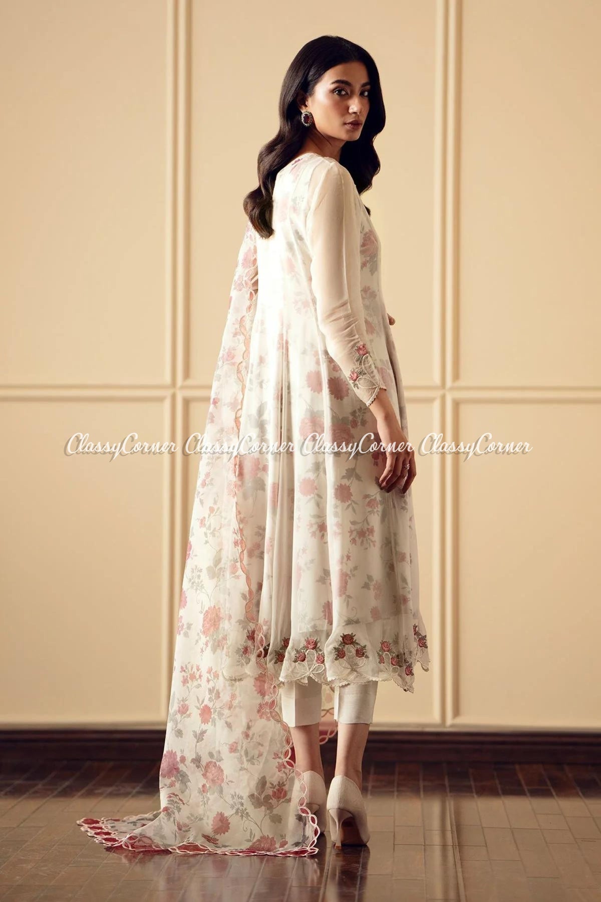 White Floral Chiffon Embroidered Frock Outfit