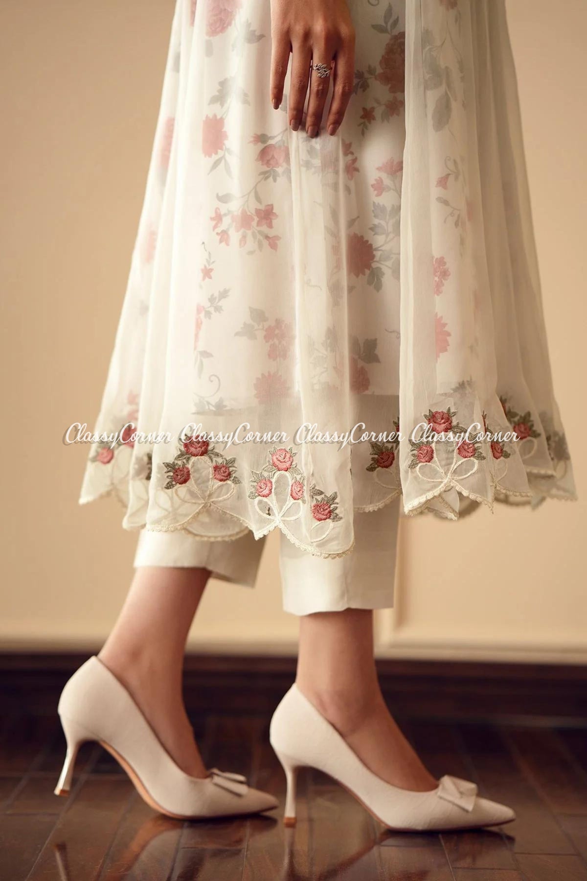 White Floral Chiffon Embroidered Frock Outfit