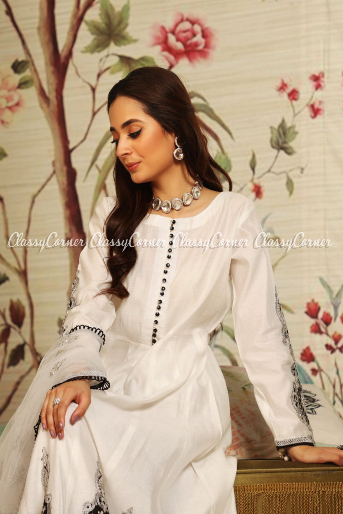 White Black Embroidered Pakistani Maxi Outfit