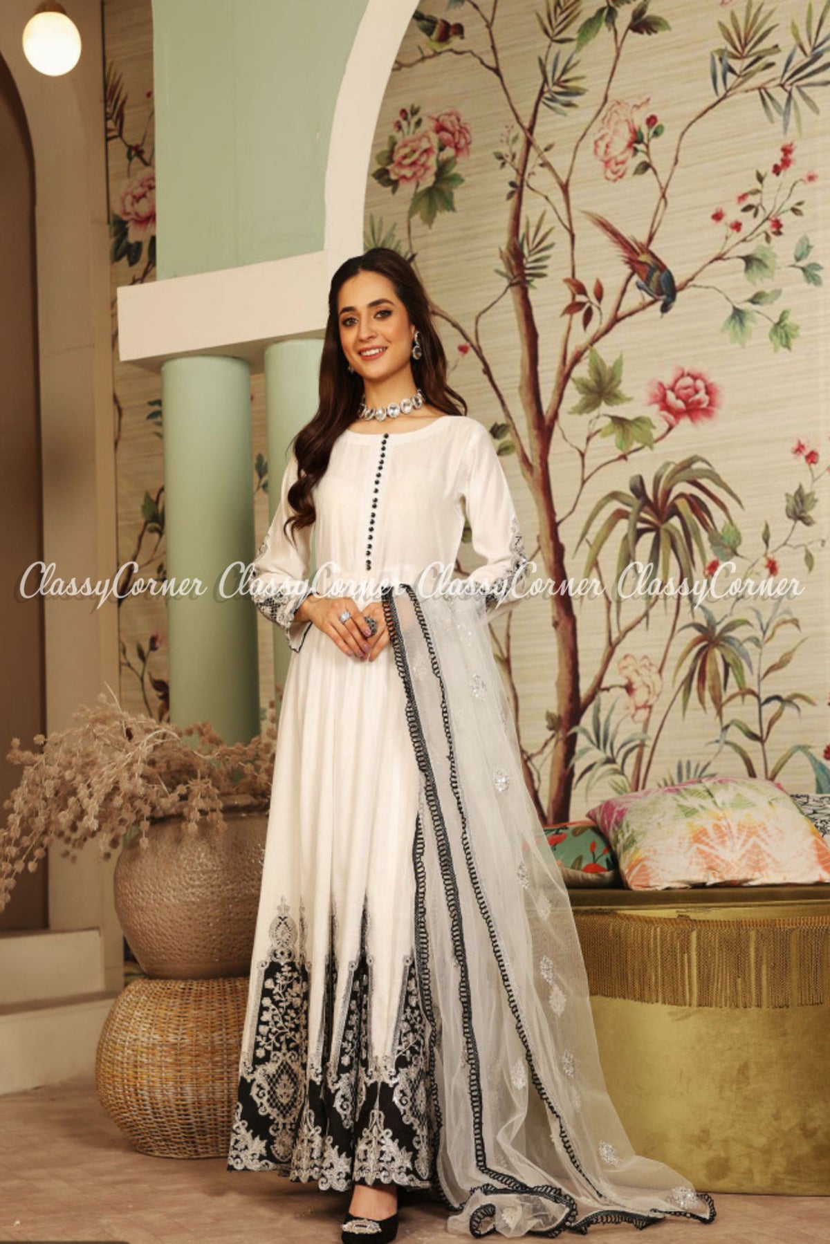 White Black Embroidered Pakistani Maxi Outfit