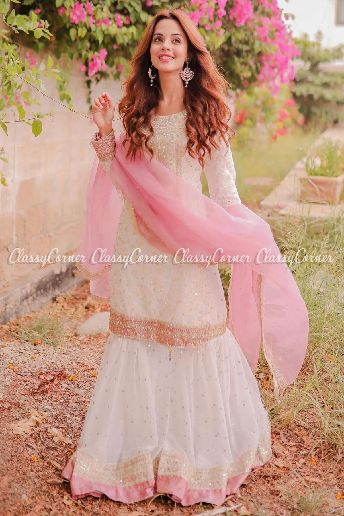 Readymade White Pink Chiffon Embroidered Gharara