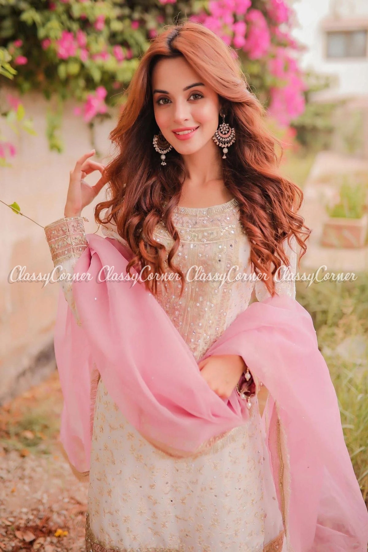 Readymade White Pink Chiffon Embroidered Gharara