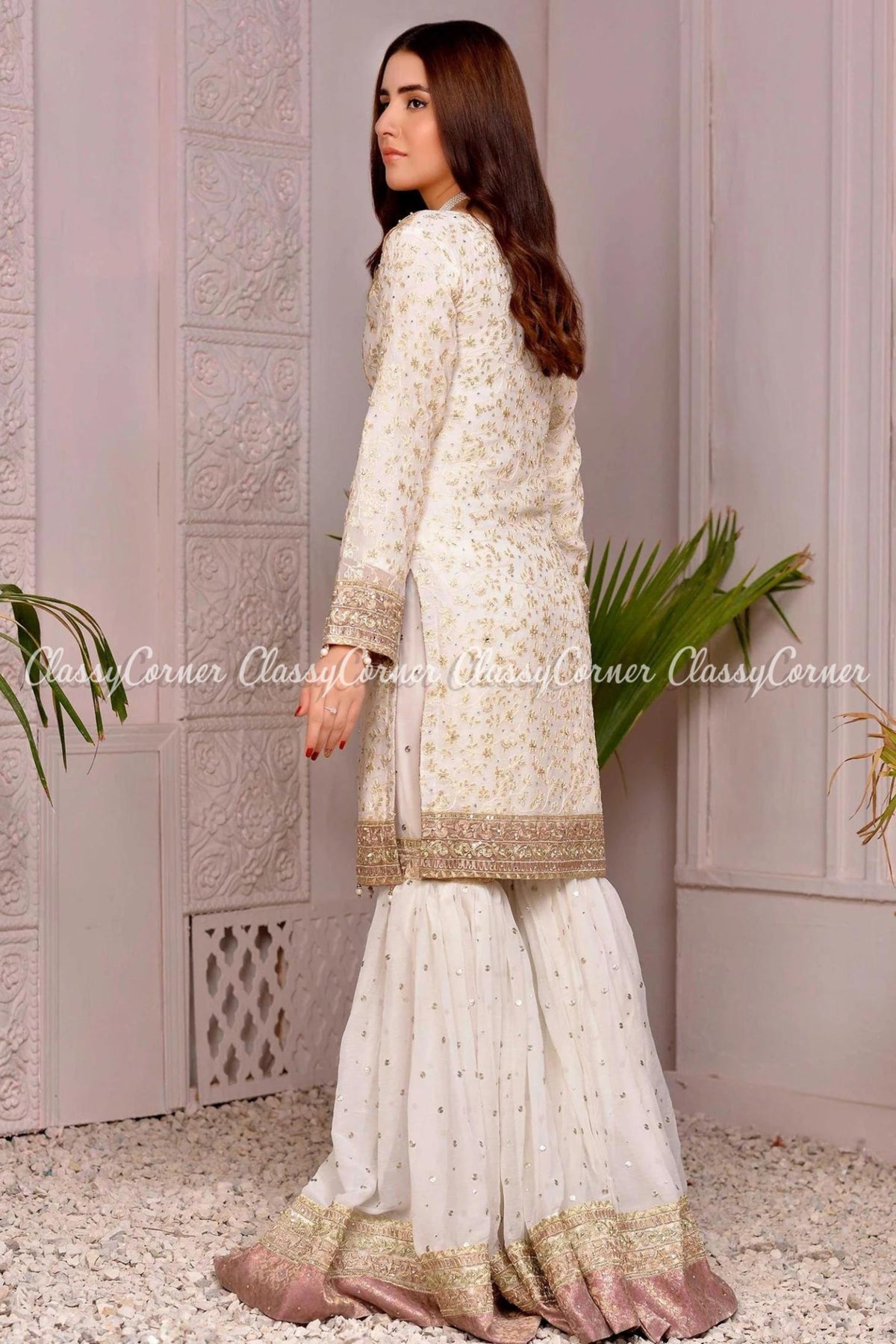 Readymade White Pink Chiffon Embroidered Gharara