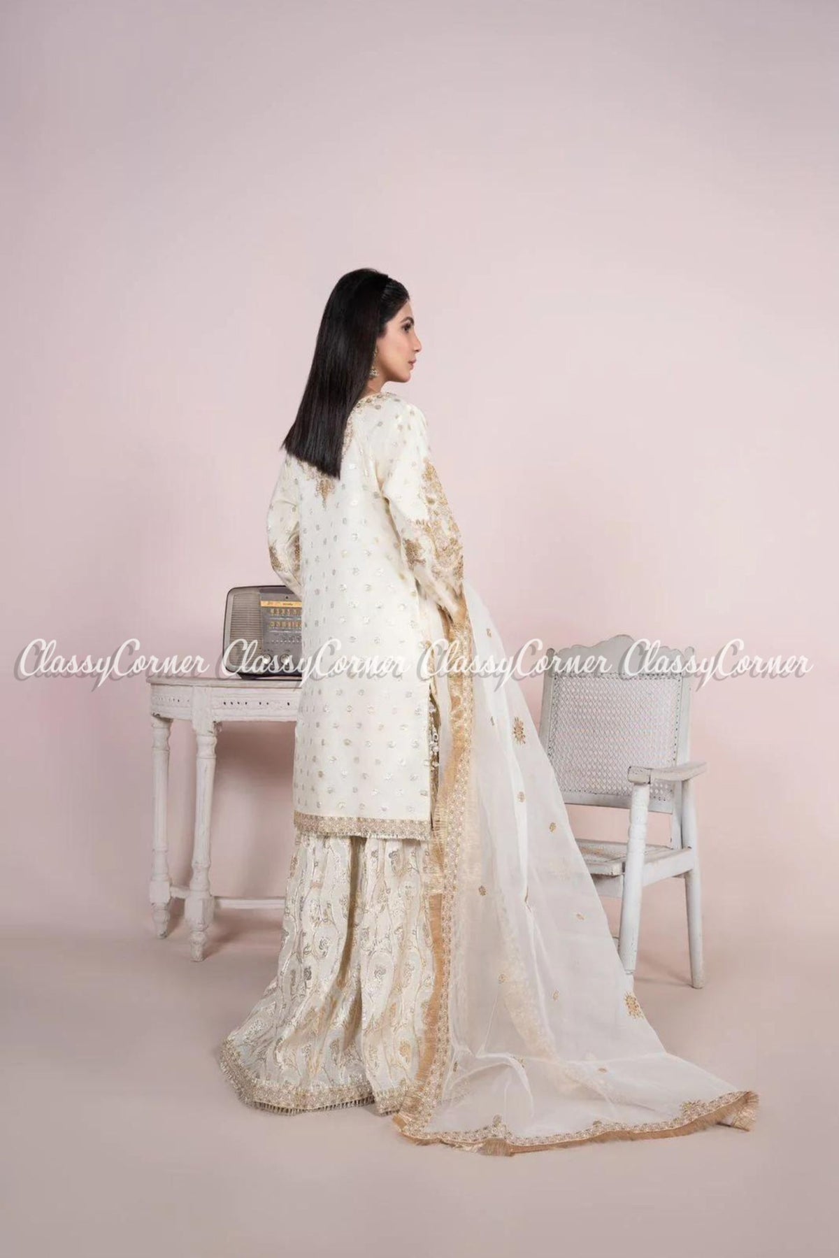 White Golden Organza Party Wear Gharara