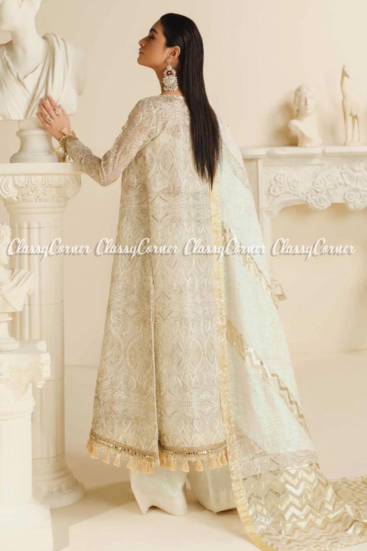 White Golden Organza Embroidered Pakistani Salwar Kameez