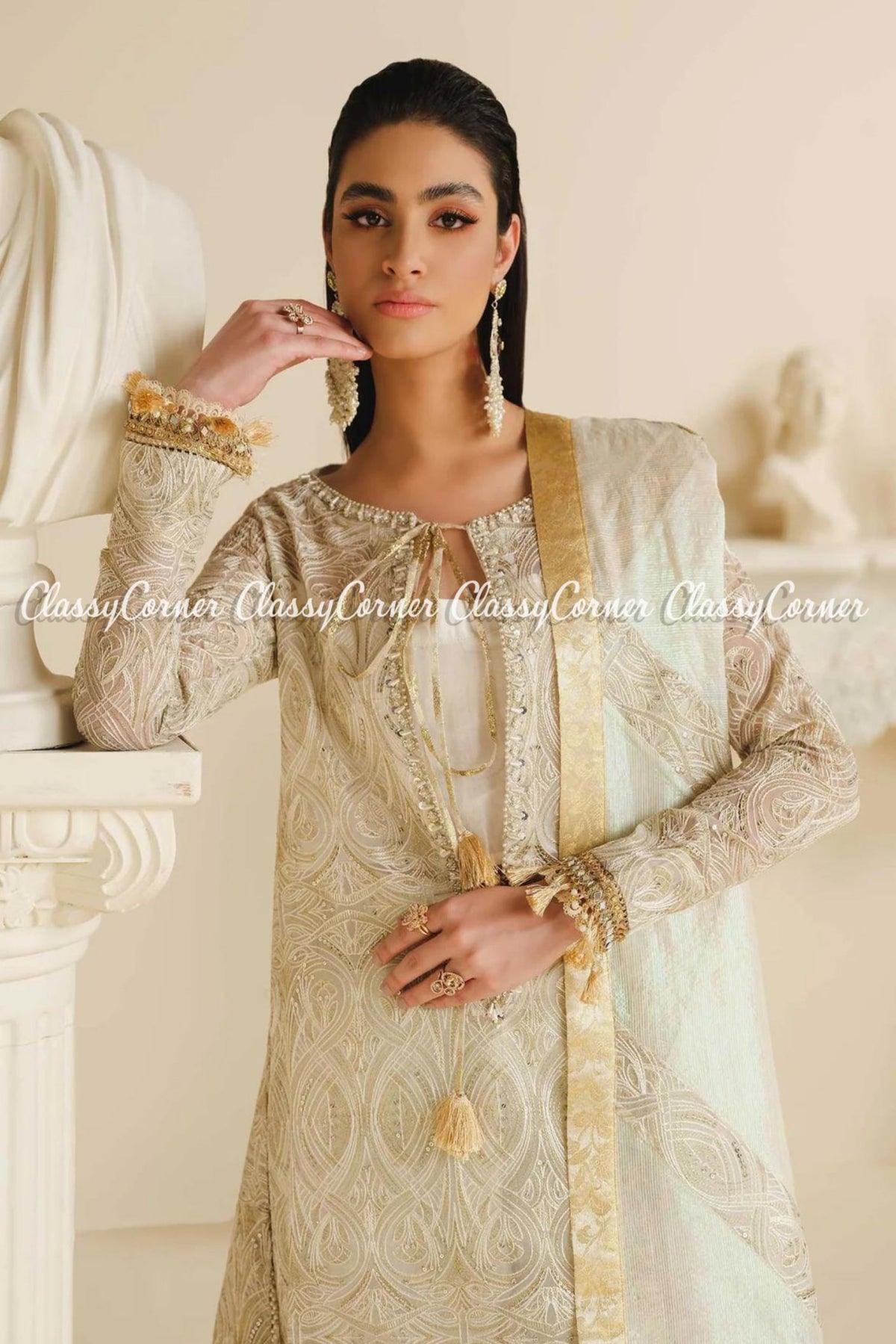 White Golden Organza Embroidered Pakistani Salwar Kameez