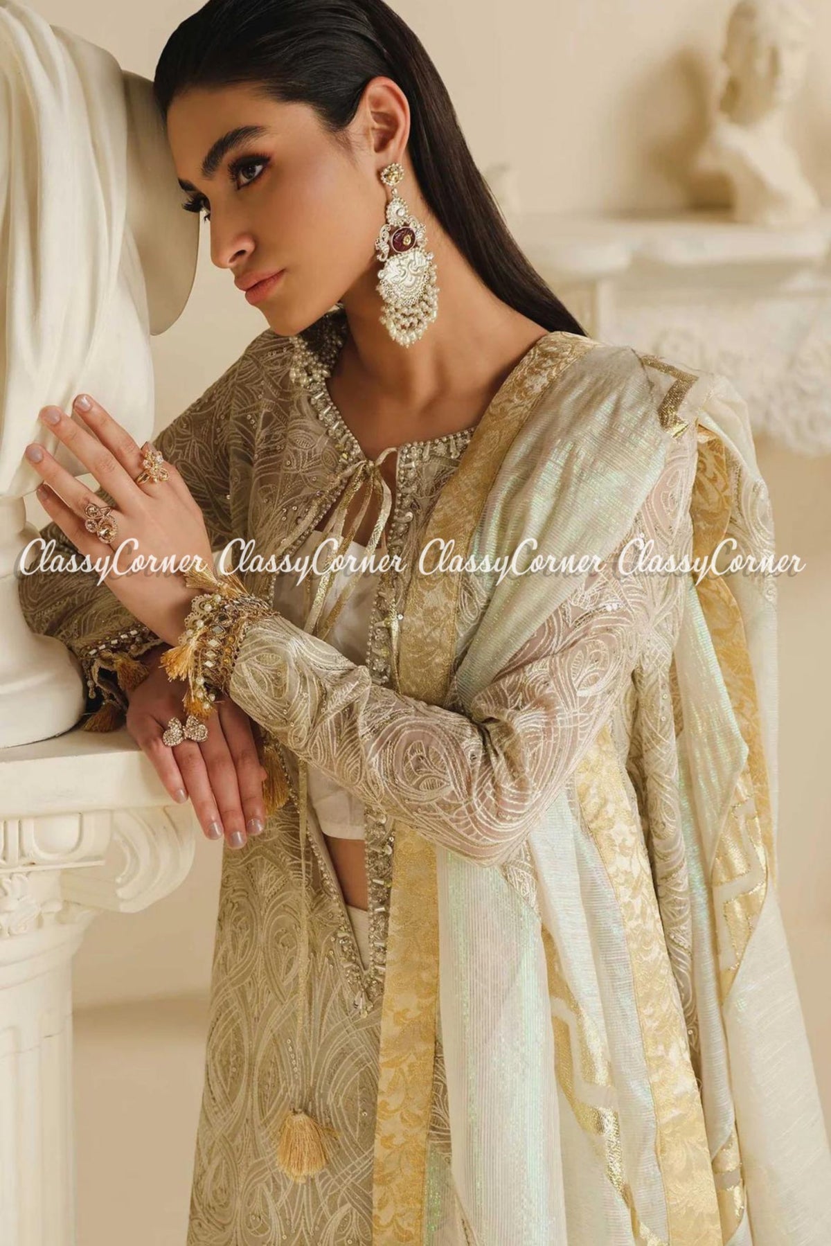 White Golden Organza Embroidered Pakistani Salwar Kameez