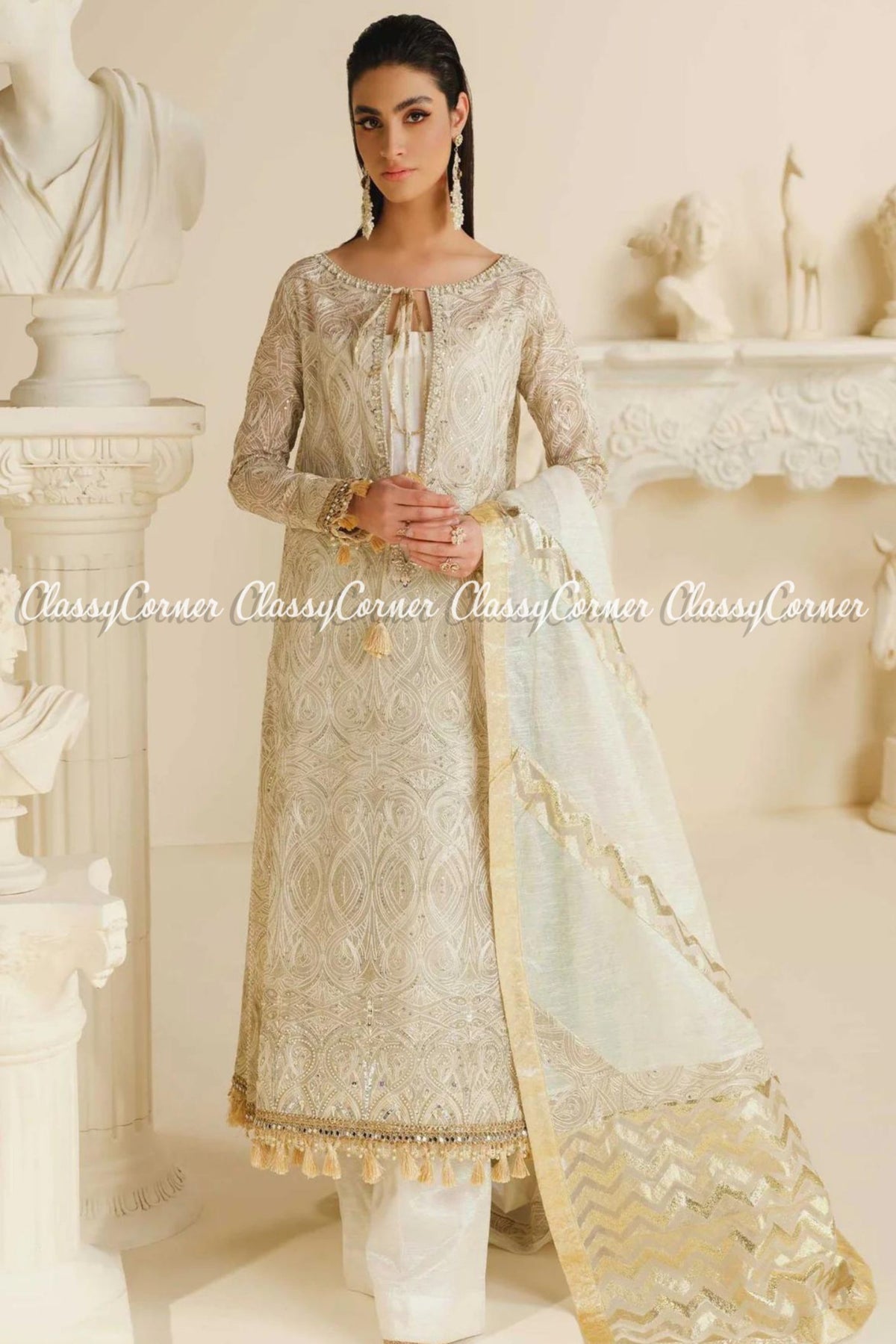 White Golden Organza Embroidered Pakistani Salwar Kameez