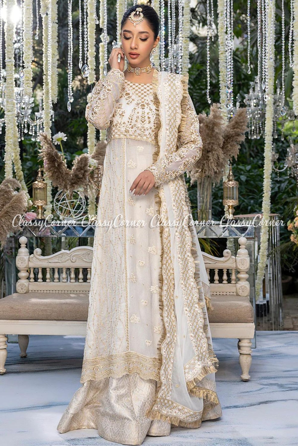 White Golden Chiffon Embroidered Gown Sharara