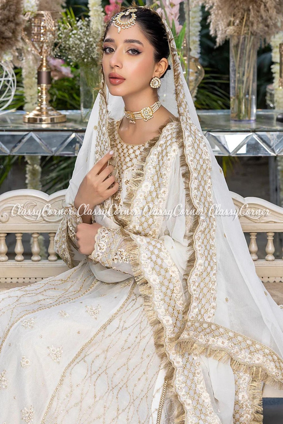 White Golden Chiffon Embroidered Gown Sharara