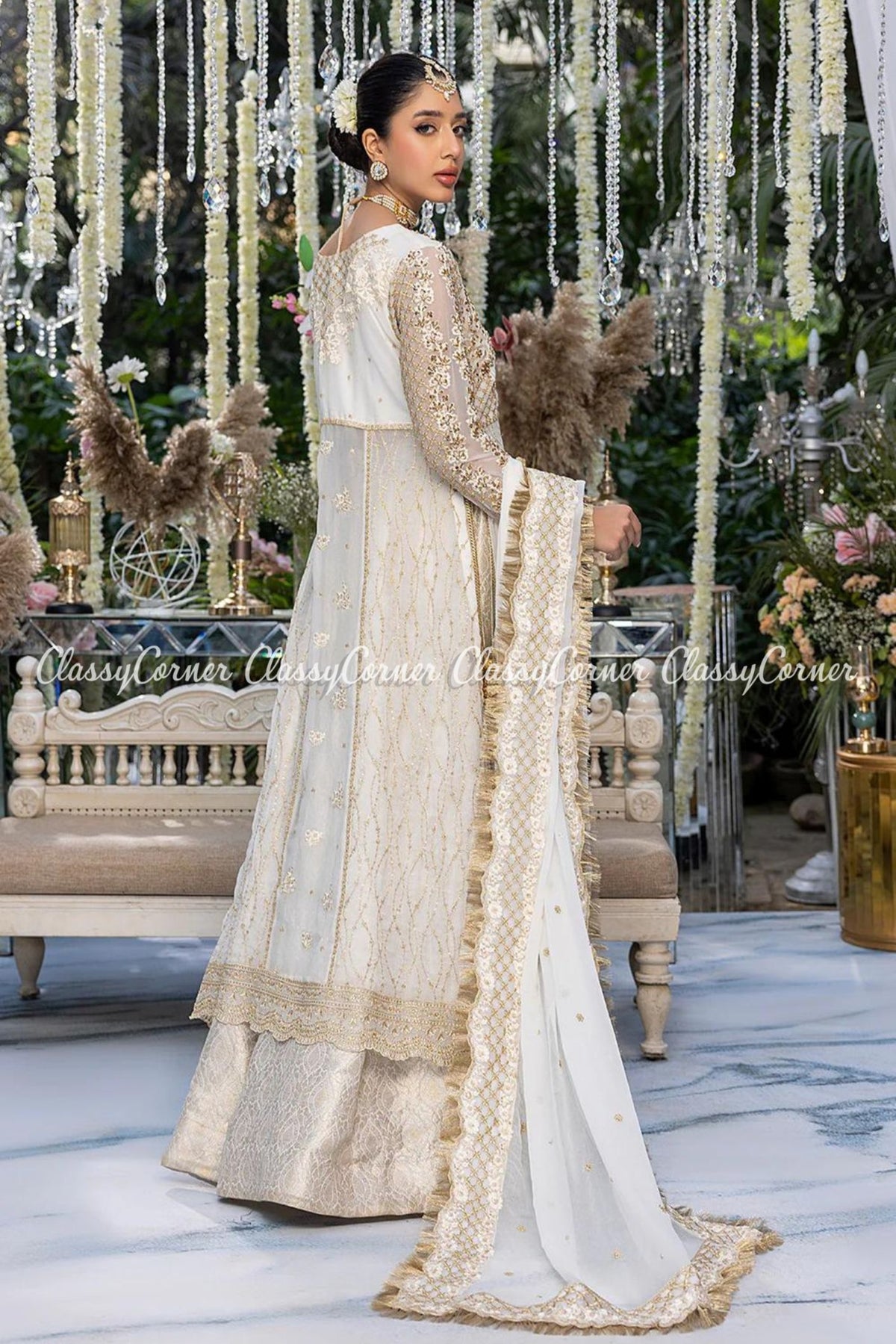 White Golden Chiffon Embroidered Gown Sharara