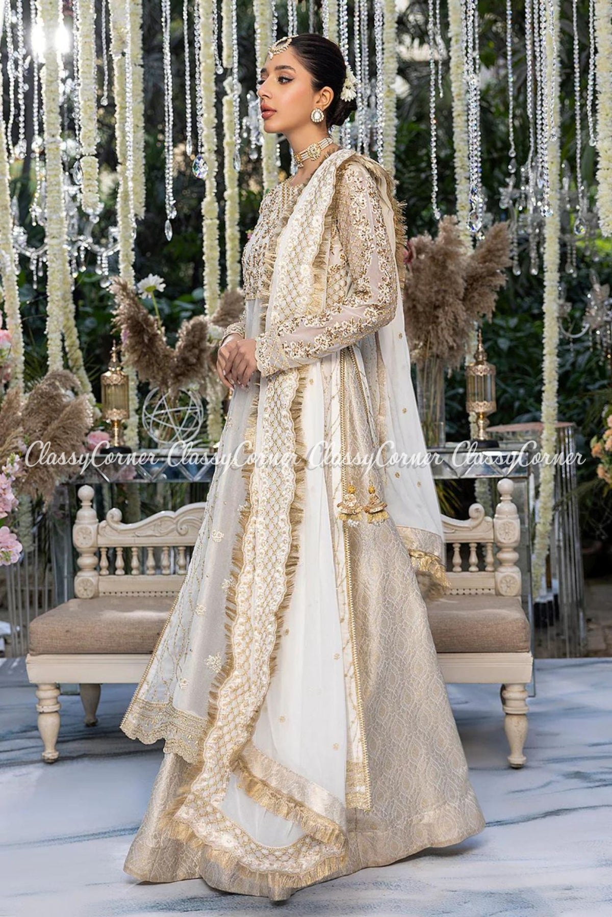 White Golden Chiffon Embroidered Gown Sharara