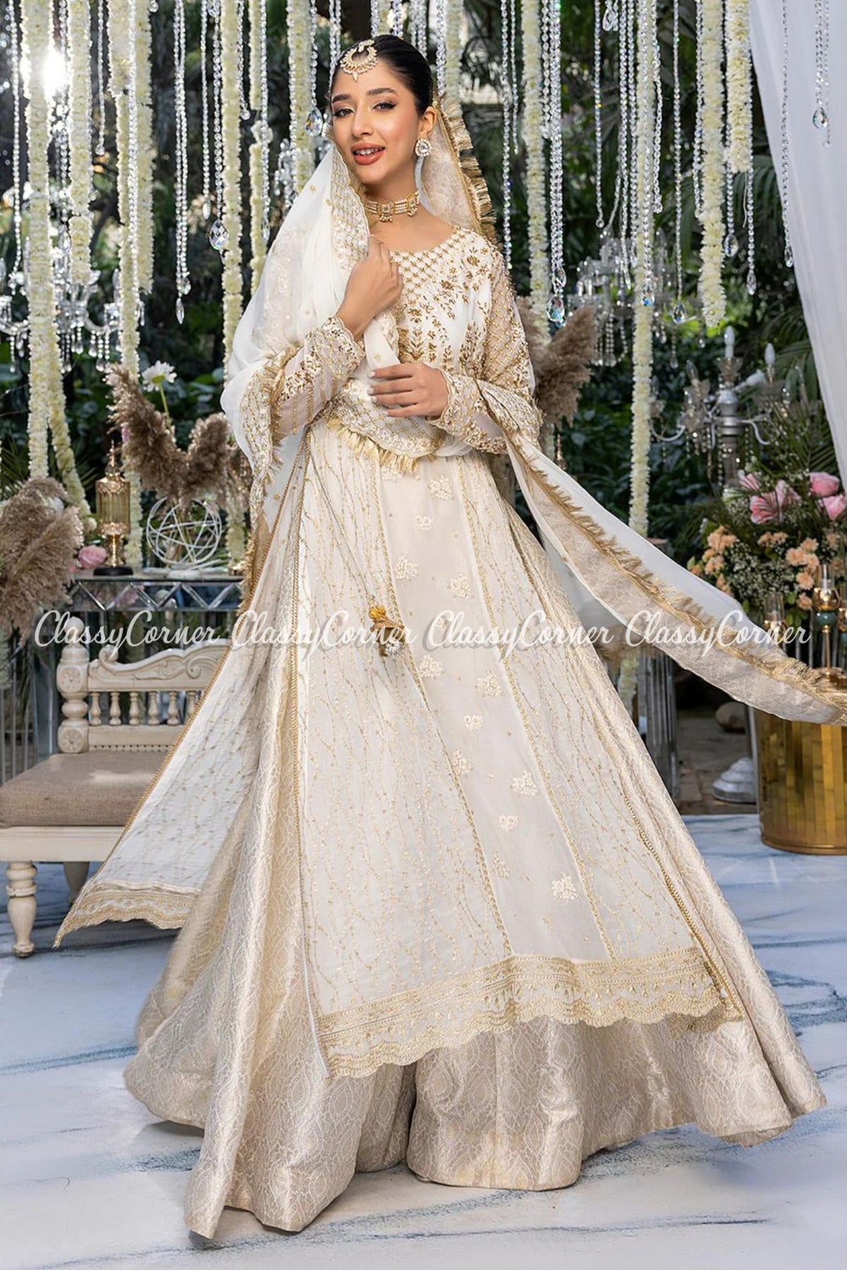 White Golden Chiffon Embroidered Gown Sharara