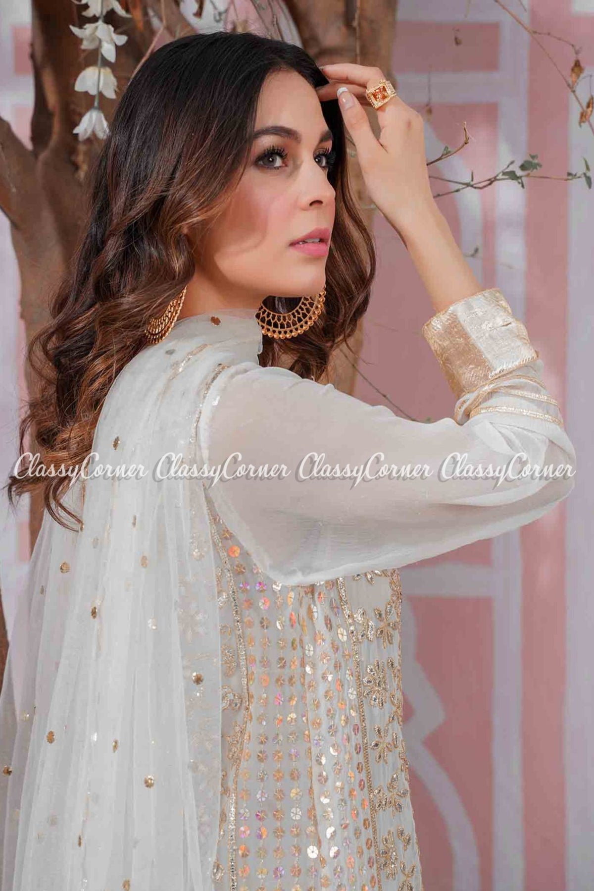 White Gold Chiffon Wedding Wear Sharara