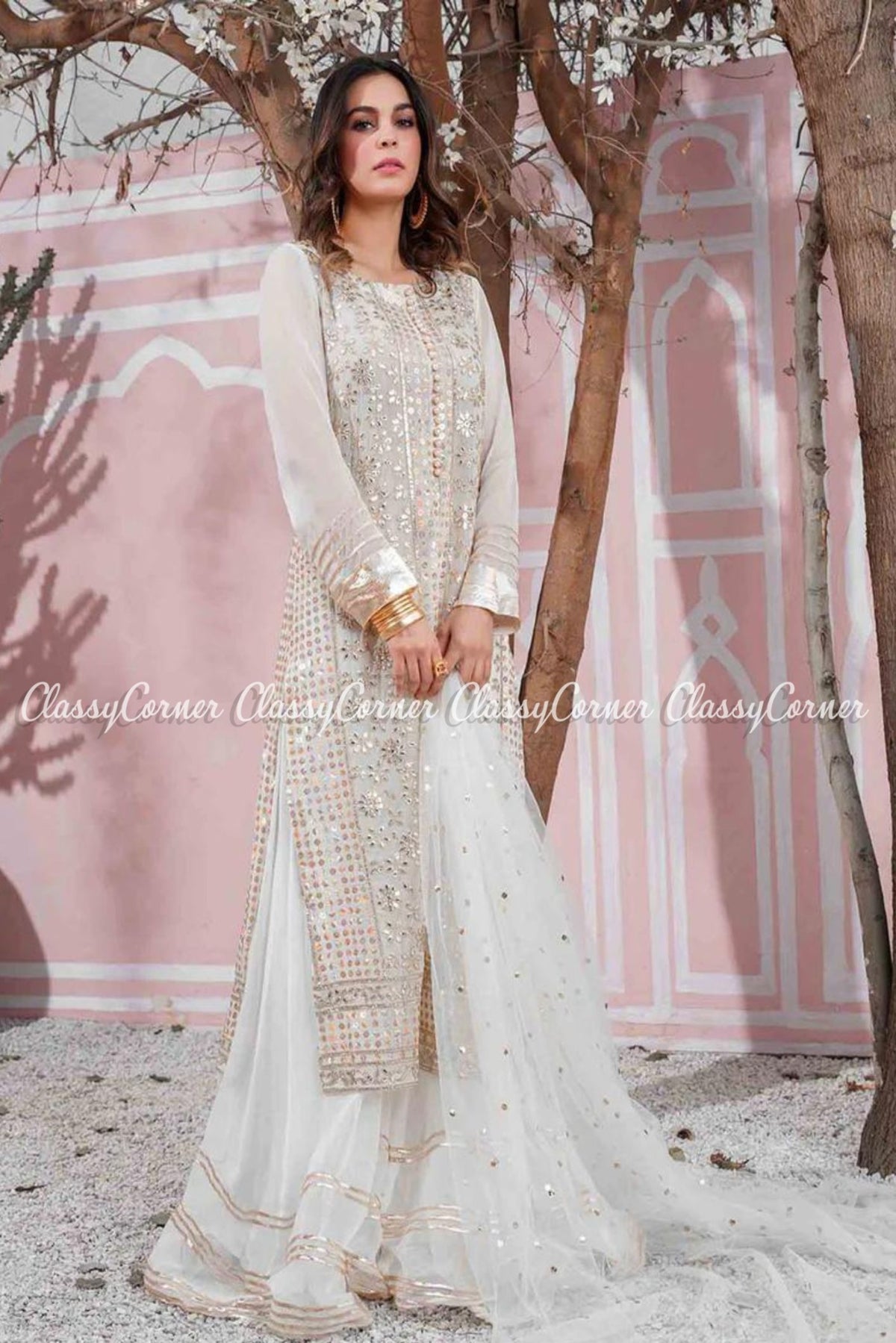 White Gold Chiffon Wedding Wear Sharara