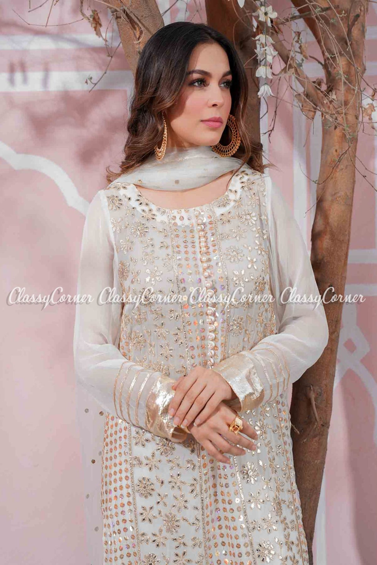 White Gold Chiffon Wedding Wear Sharara