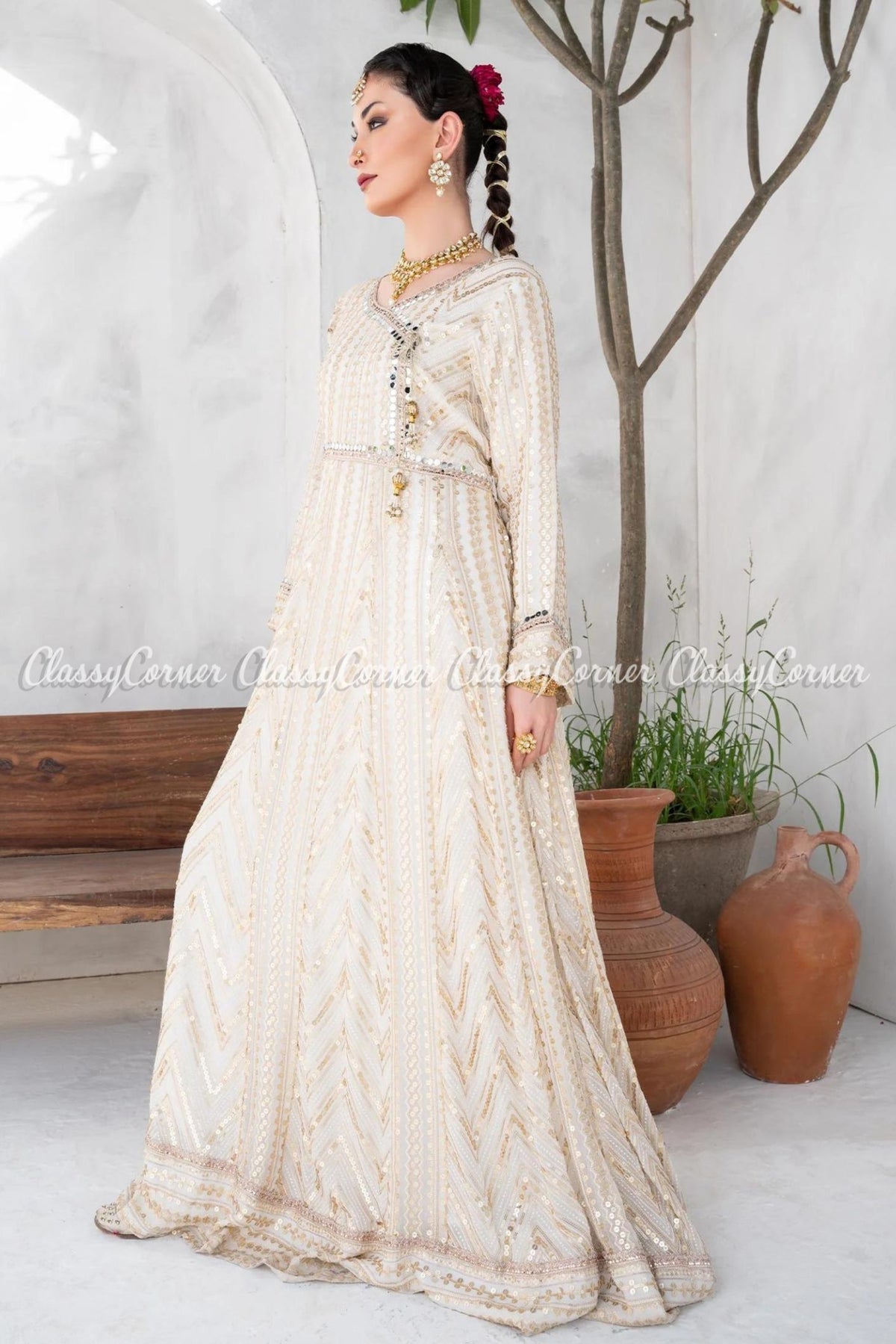 White Golden Chiffon Embroidered Wedding Guest Gown