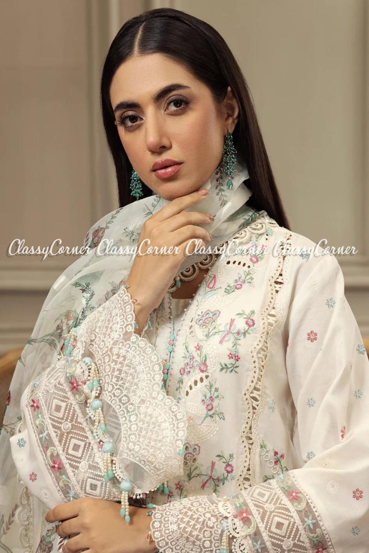 White Green Lawn Embroidered Pakistani Salwar Kameez