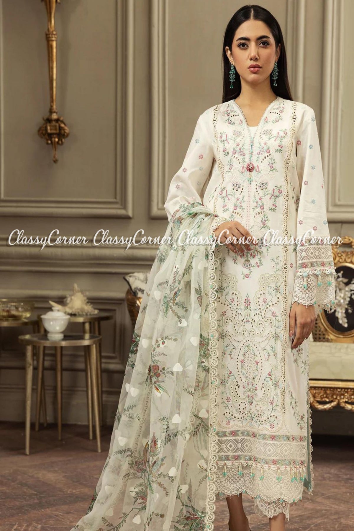 White Green Lawn Embroidered Pakistani Salwar Kameez