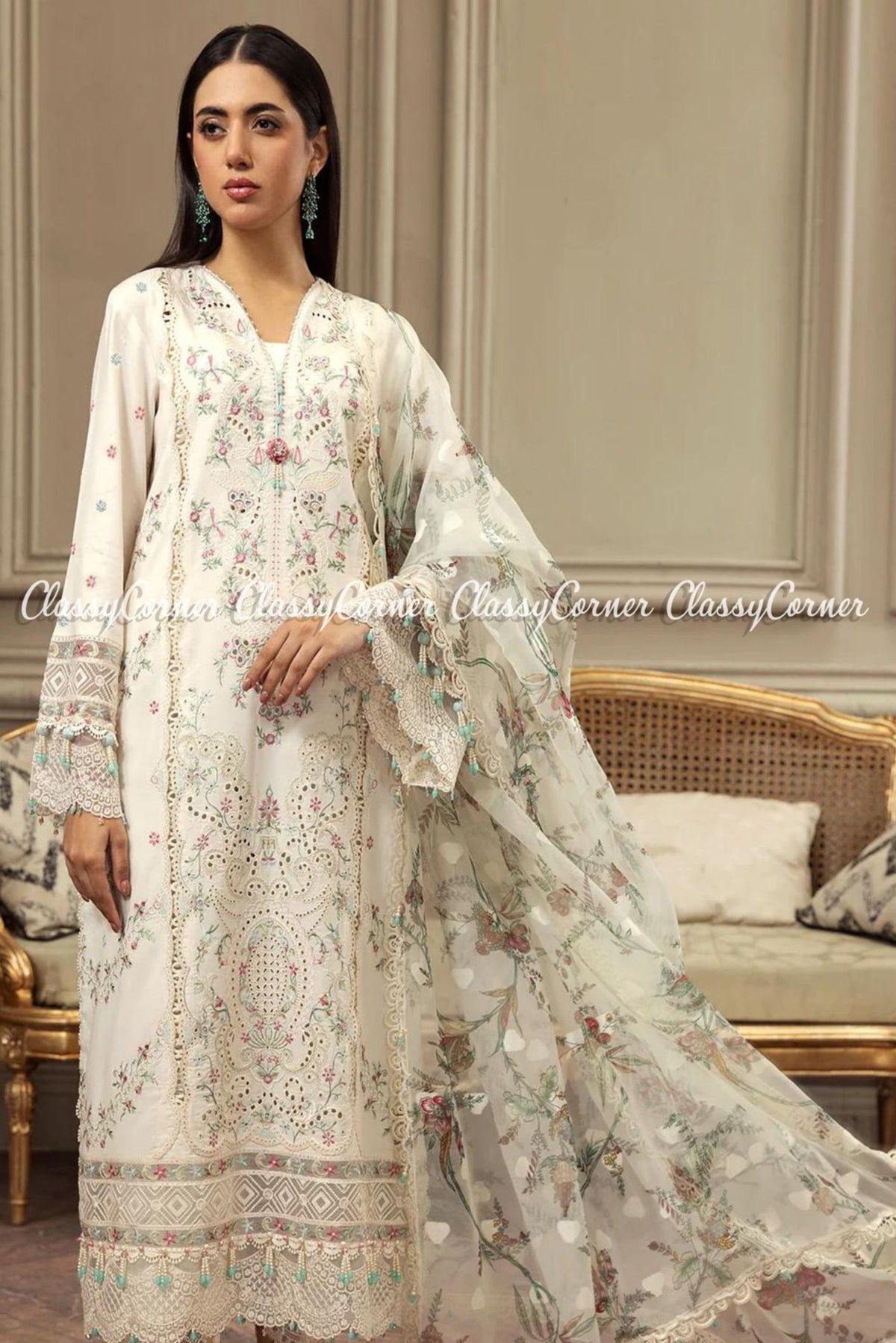 White Green Lawn Embroidered Pakistani Salwar Kameez