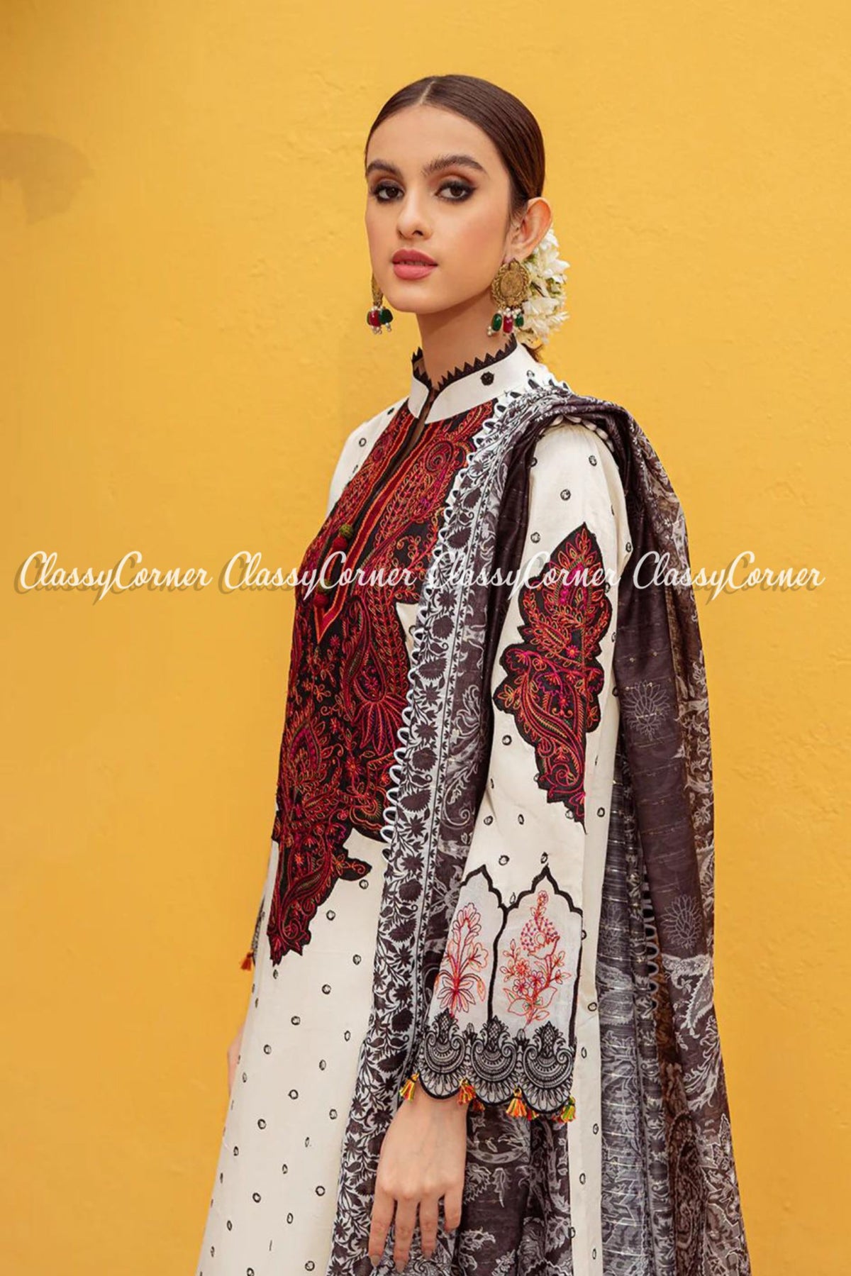 Cream White Maroon Schiffli Lawn Embroidered Outfit