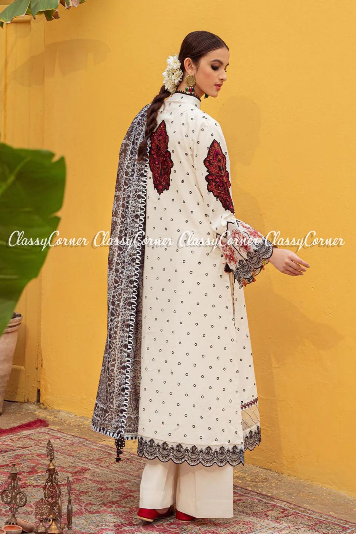 Cream White Maroon Schiffli Lawn Embroidered Outfit