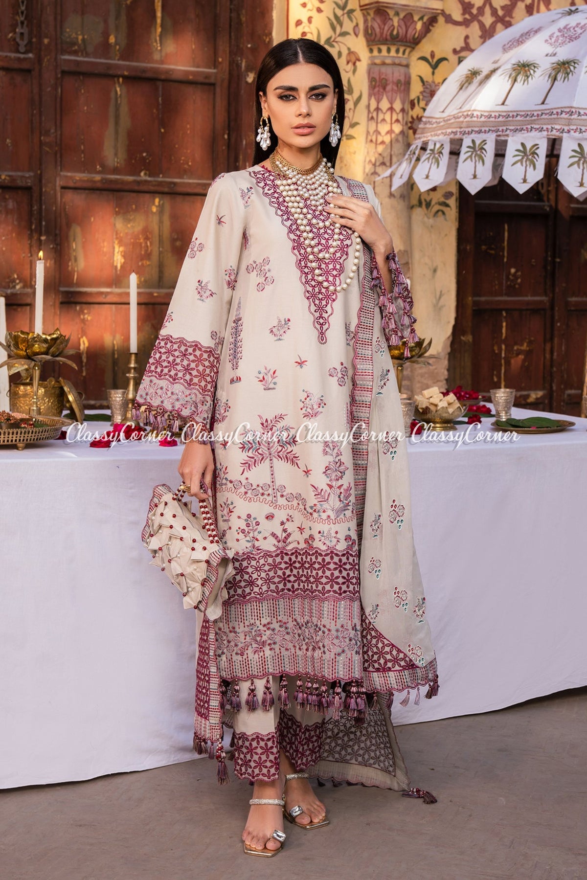 Beige Plum Lawn Embroidered Salwar Kameez