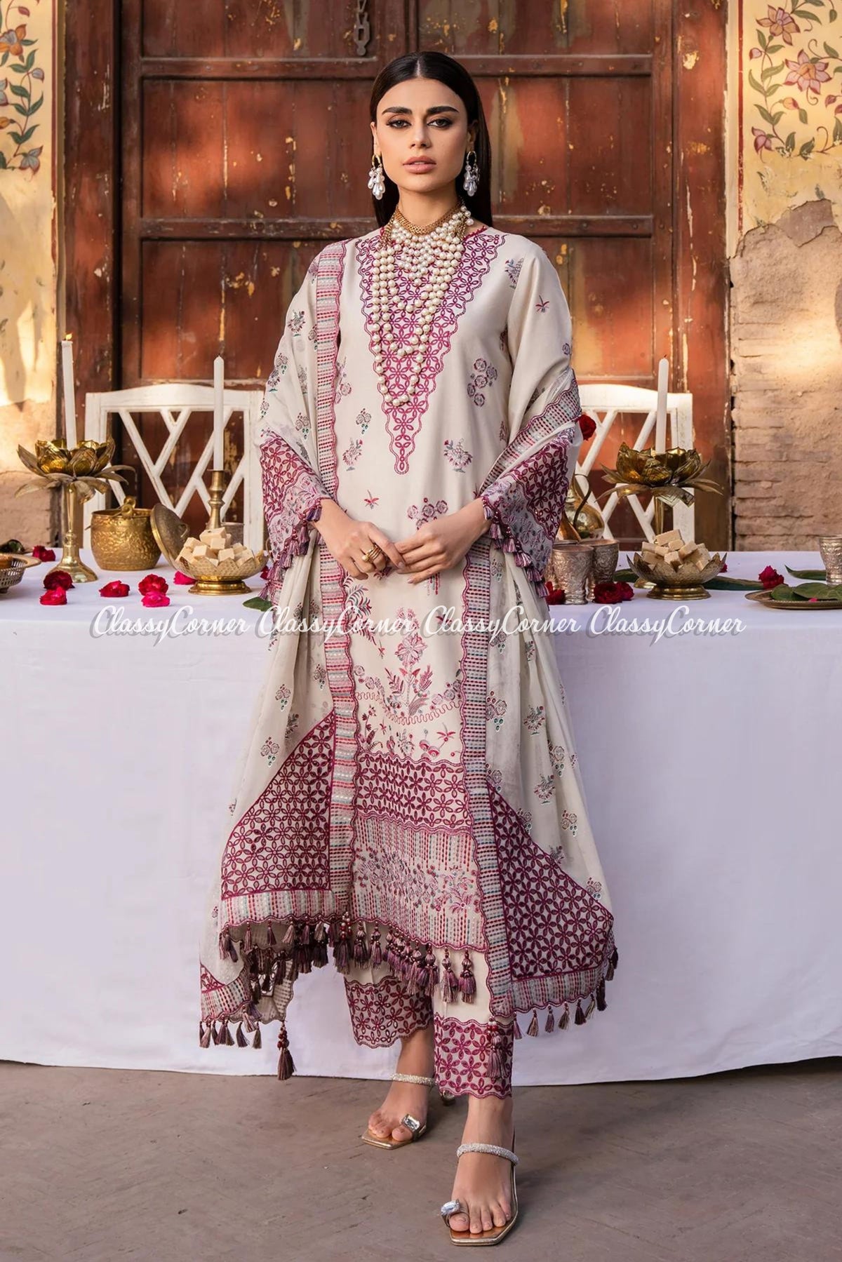 Beige Plum Lawn Embroidered Salwar Kameez