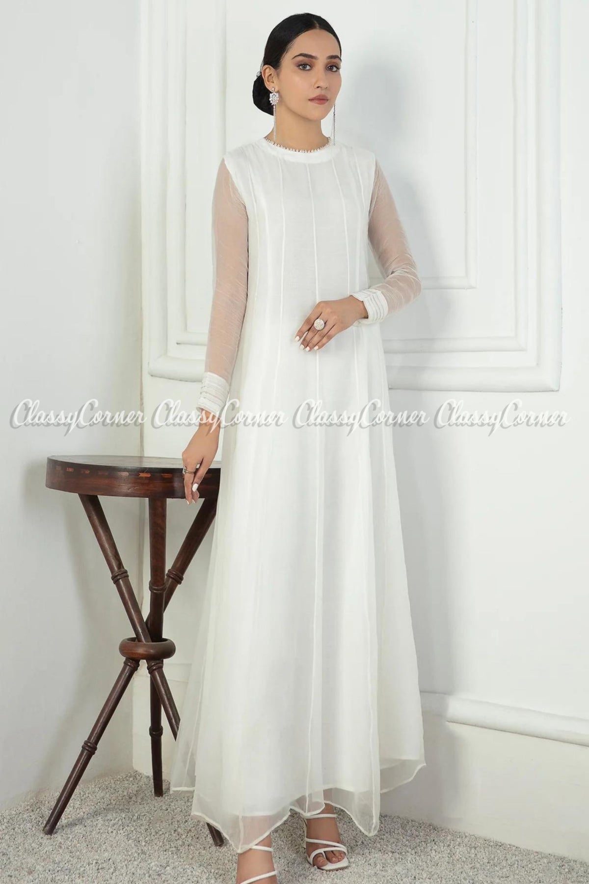 Plain White Chiffon Pakistani Maxi Frock Dress