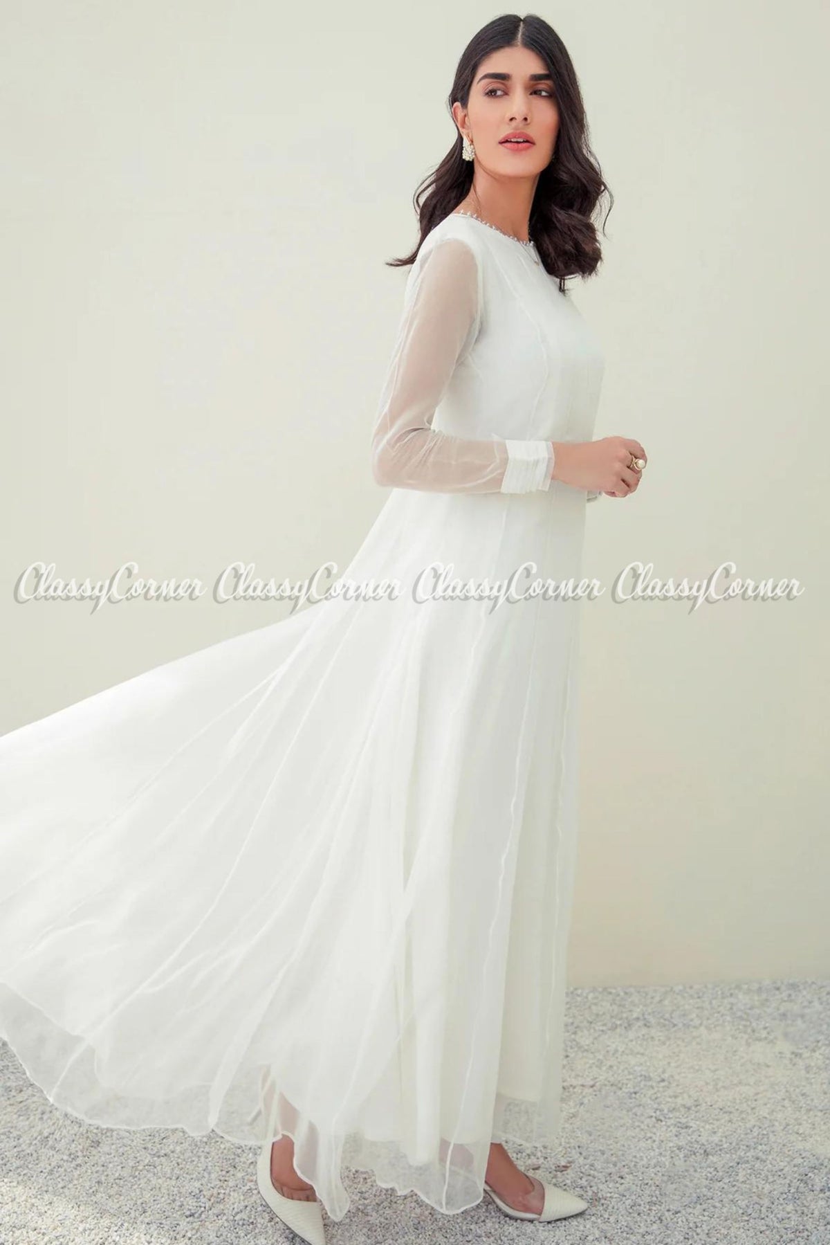 Plain White Chiffon Pakistani Maxi Frock Dress