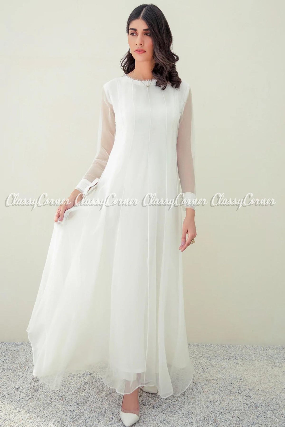 Plain White Chiffon Pakistani Maxi Frock Dress