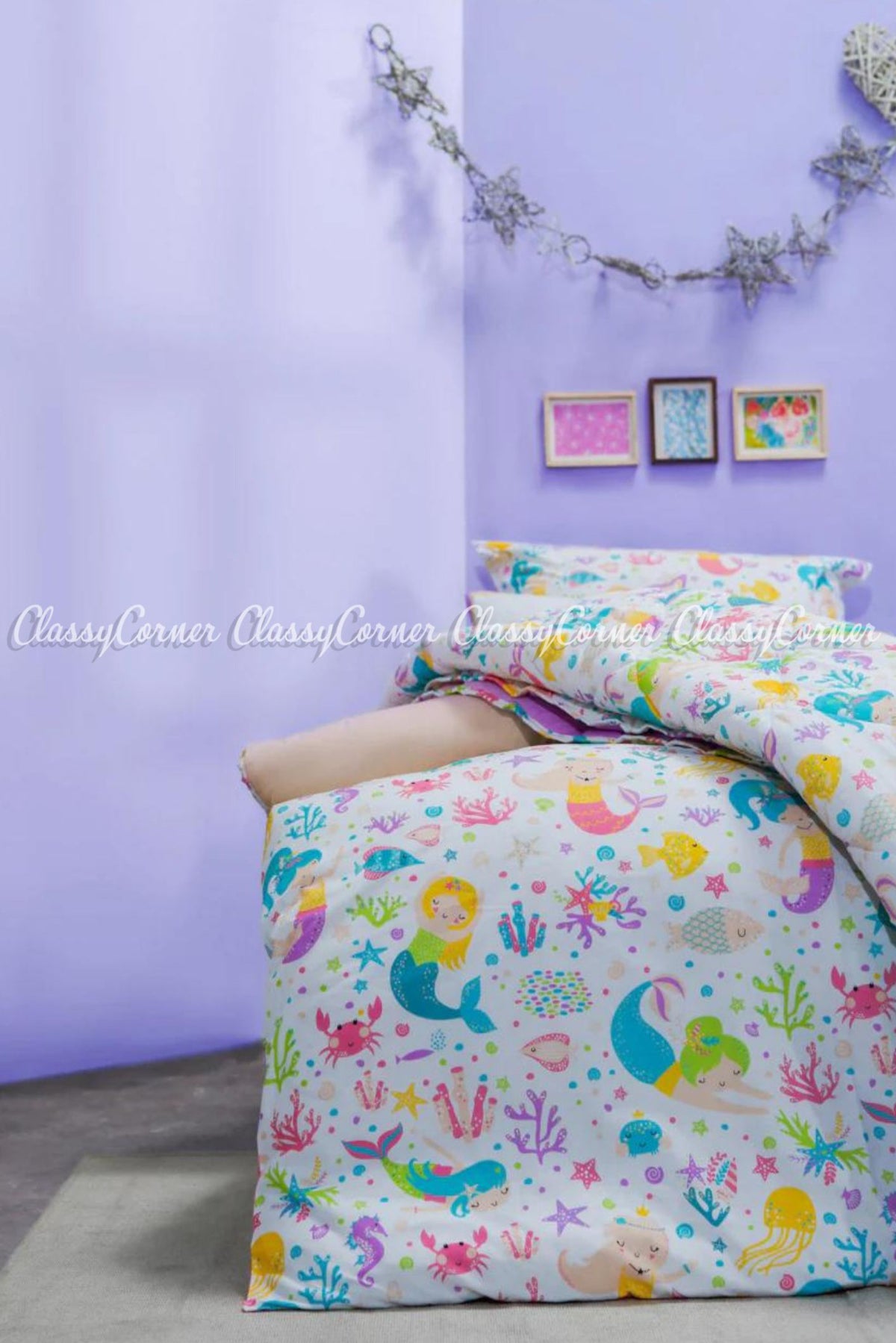 Kid&#39;s White Multicolor Mermaid Printed Cotton Bedset
