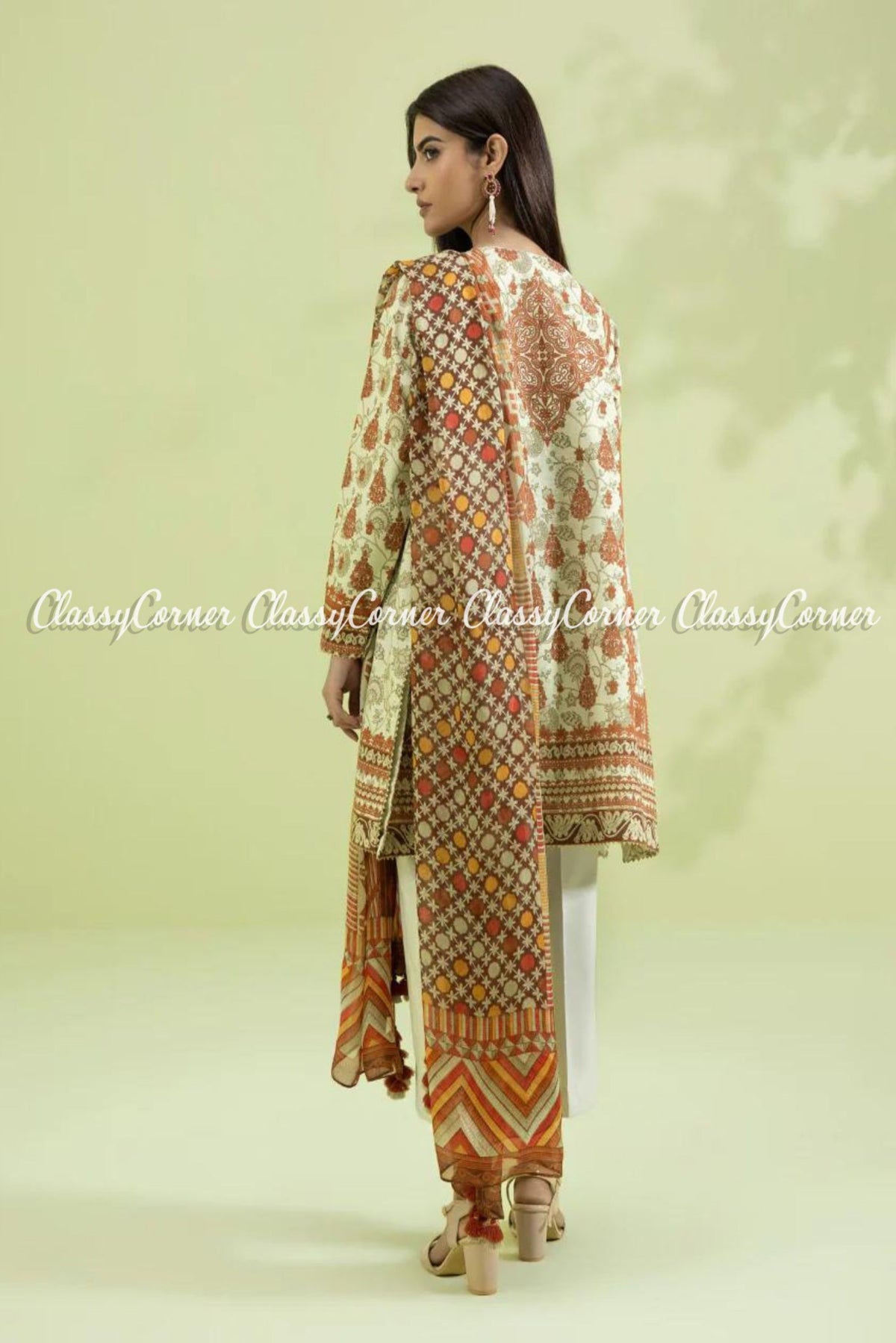 Off White Orange Lawn Embroidered Salwar Kameez