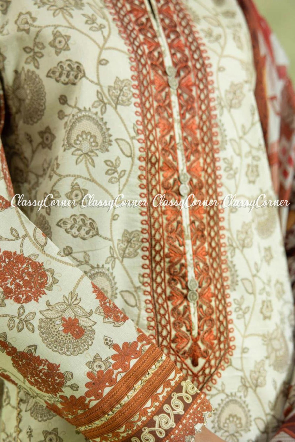 Off White Orange Lawn Embroidered Salwar Kameez