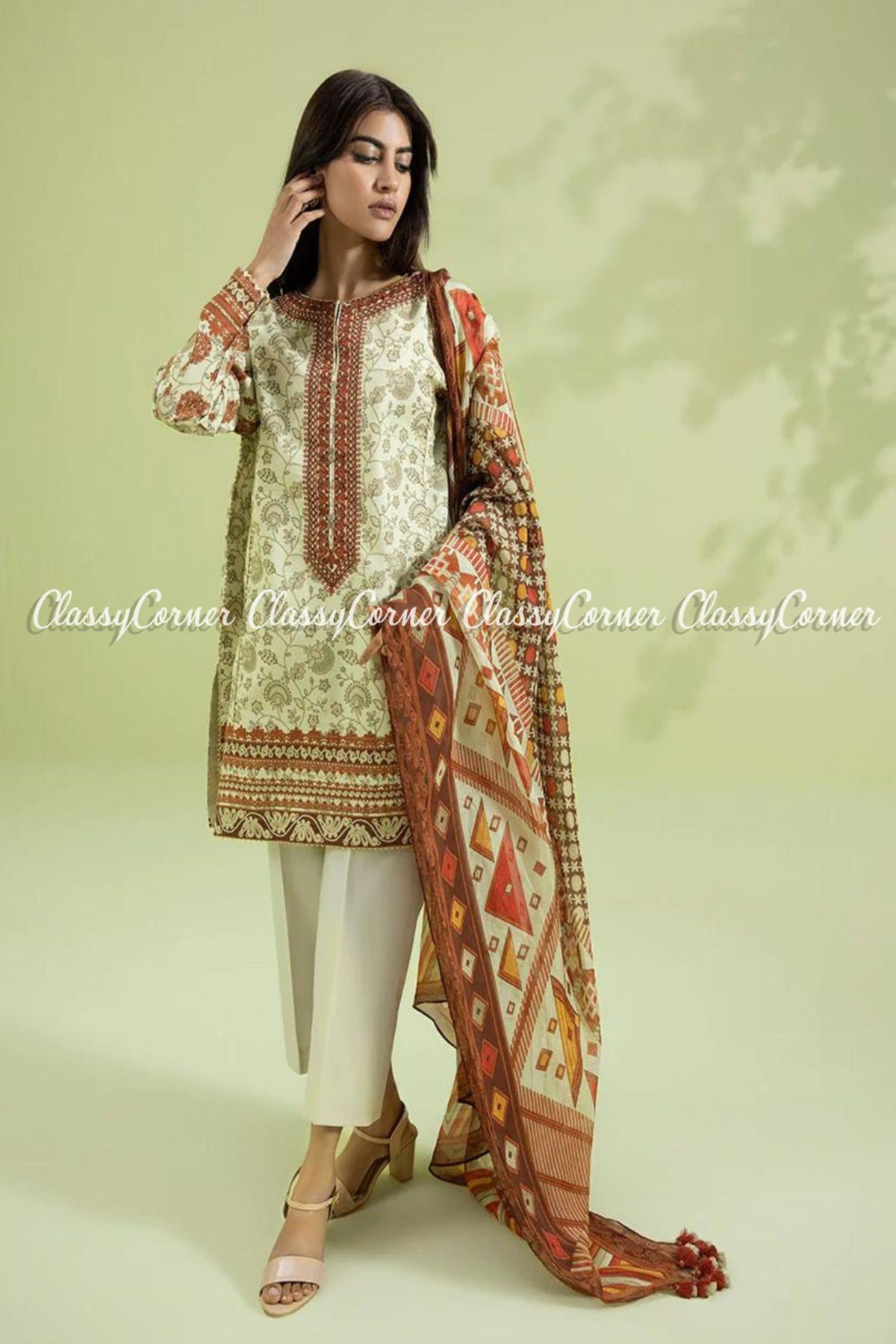 Off White Orange Lawn Embroidered Salwar Kameez