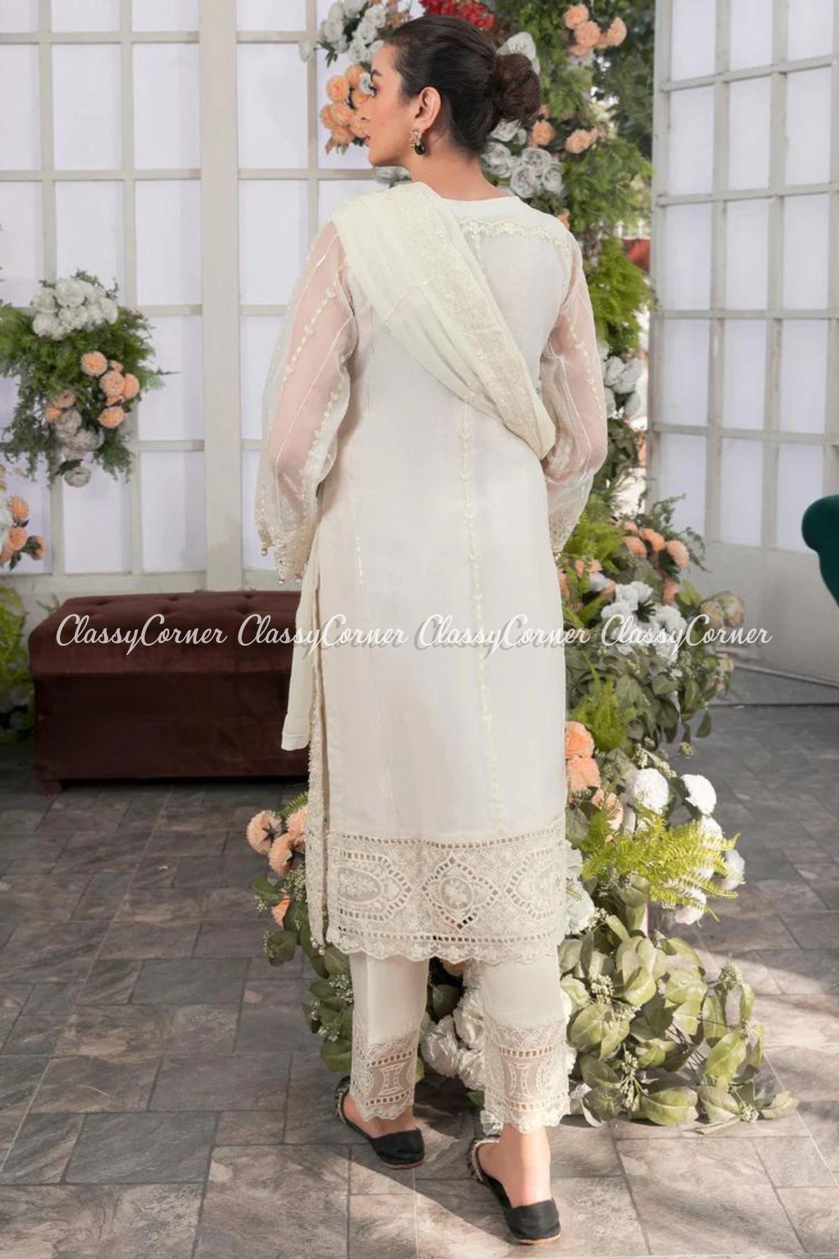 Pearl White Organza Readymade Salwar Kameez