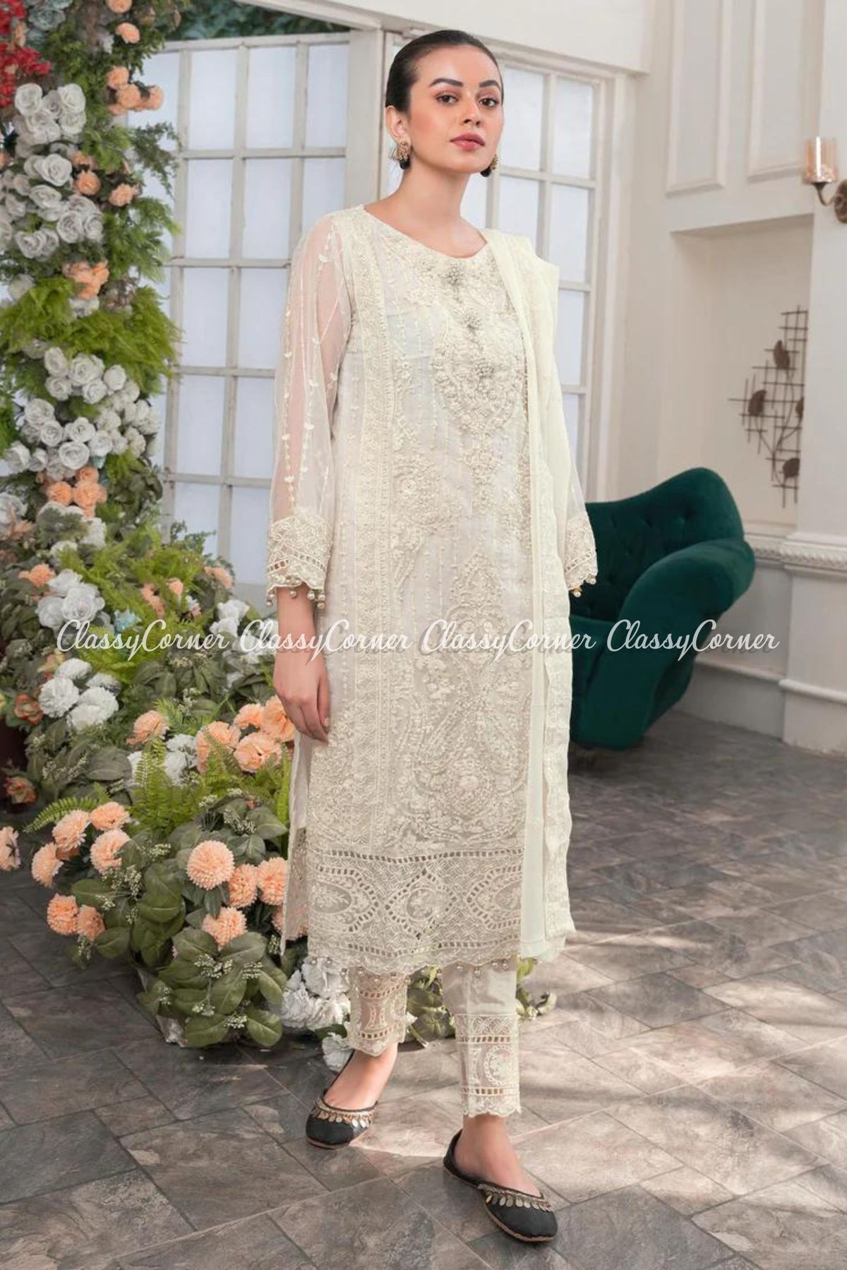 Pearl White Organza Readymade Salwar Kameez