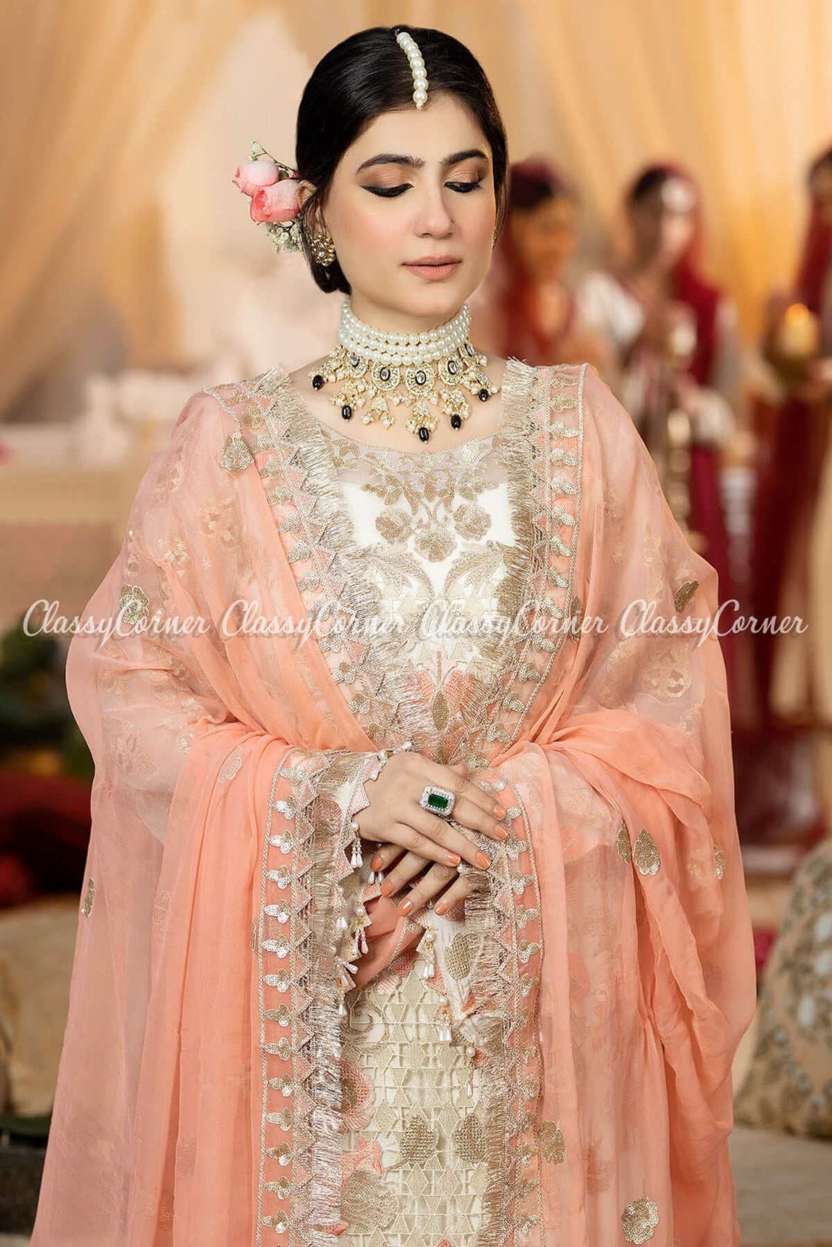 White Pink Organza Embroidered Gharara Dress