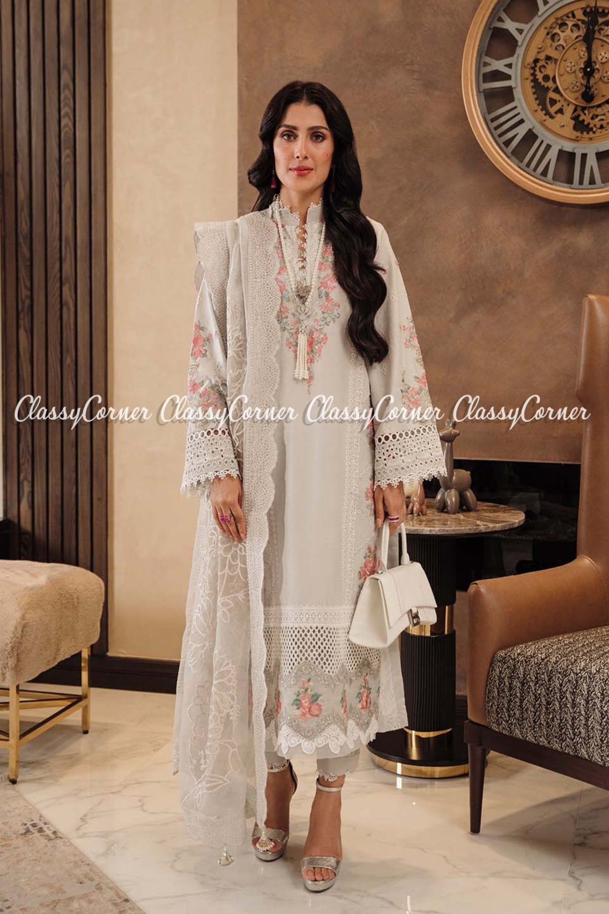 White Pink Lawn Embroidered Pakistani Salwar Kameez