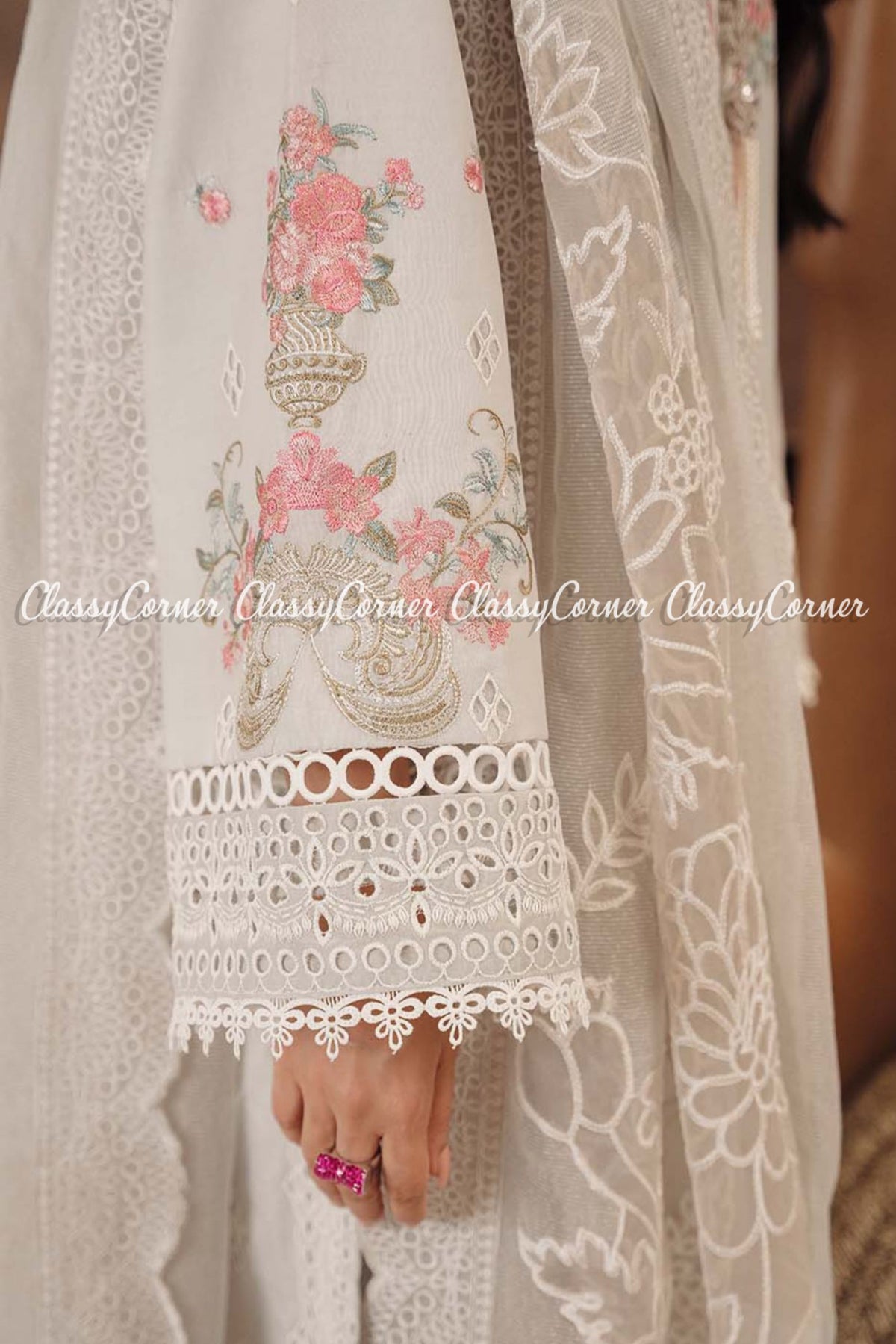 White Pink Lawn Embroidered Pakistani Salwar Kameez