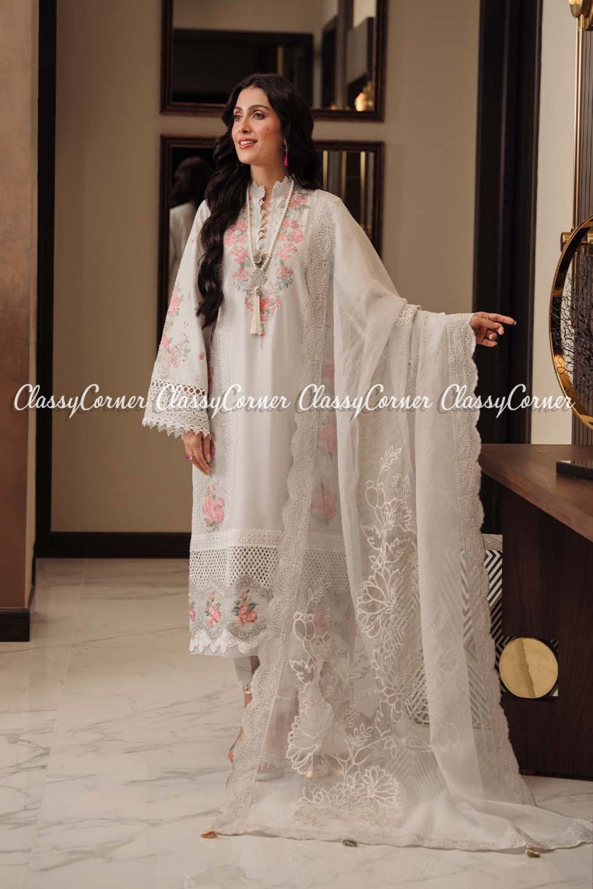 White Pink Lawn Embroidered Pakistani Salwar Kameez