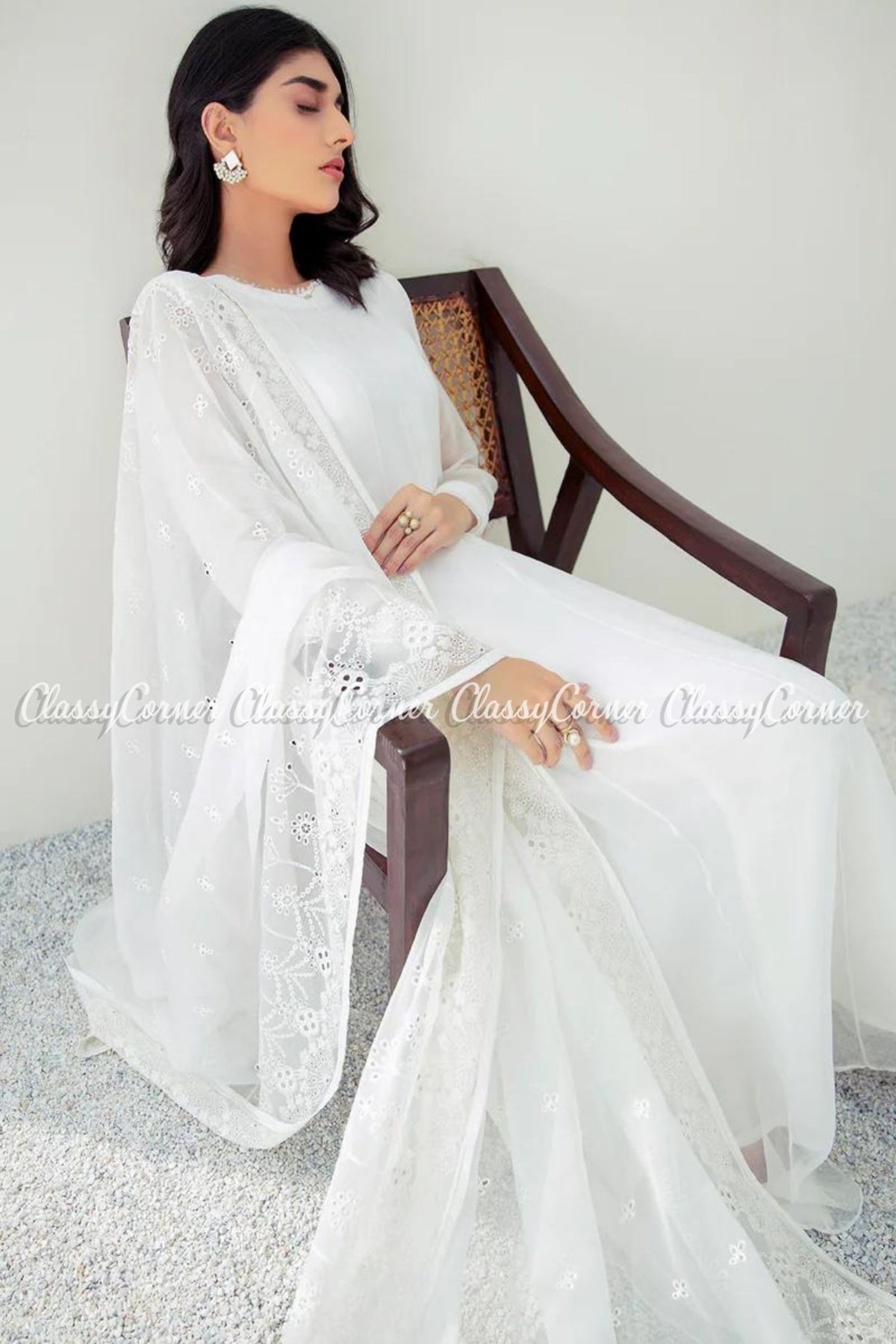 Plain White Chiffon Pakistani Maxi Frock Dress